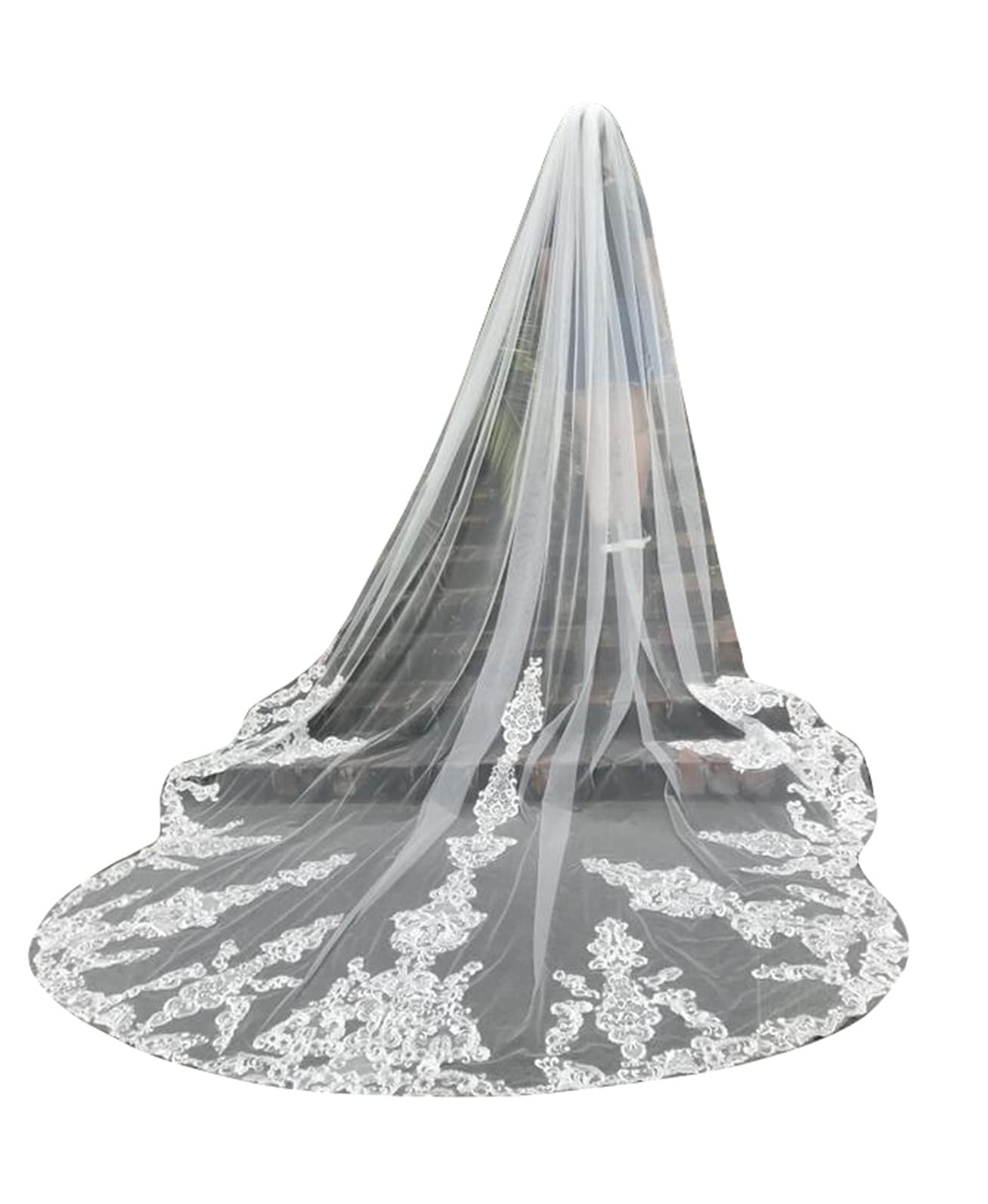 Elegant Cathedral Lace Wedding Veil with Comb & Flower Accents - Perfect for Bridal Ceremonies, Photos & Formal Events