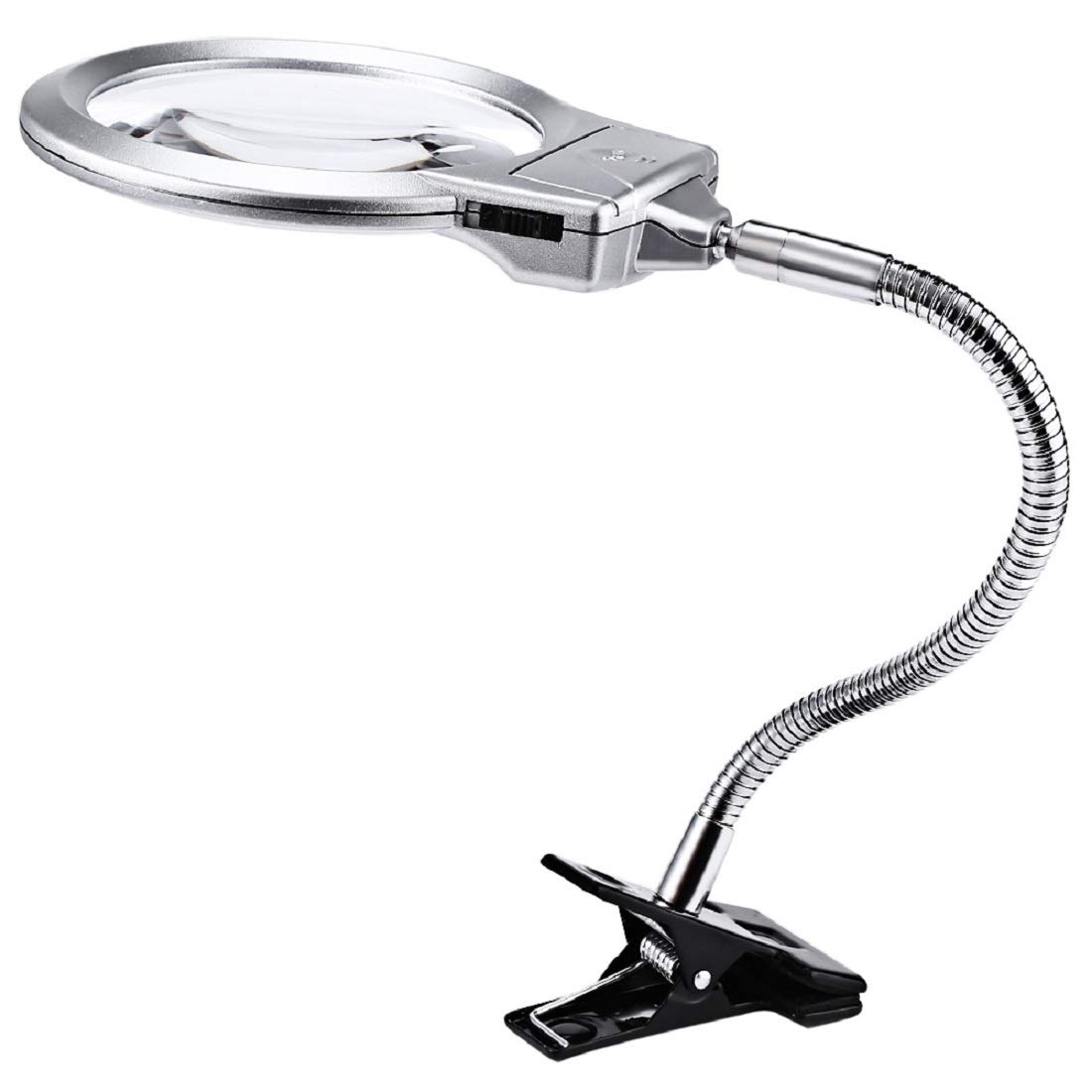 Pro-Flex Hands-Free LED Magnifying Glass Lamp with 2.25X & 5X Lens - Adjustable Gooseneck Desk Clamp Light for Reading, Crafts, Jewelry Making & Close Work - Silver Desktop Magnifier Lamp for Seniors & Hobbyists