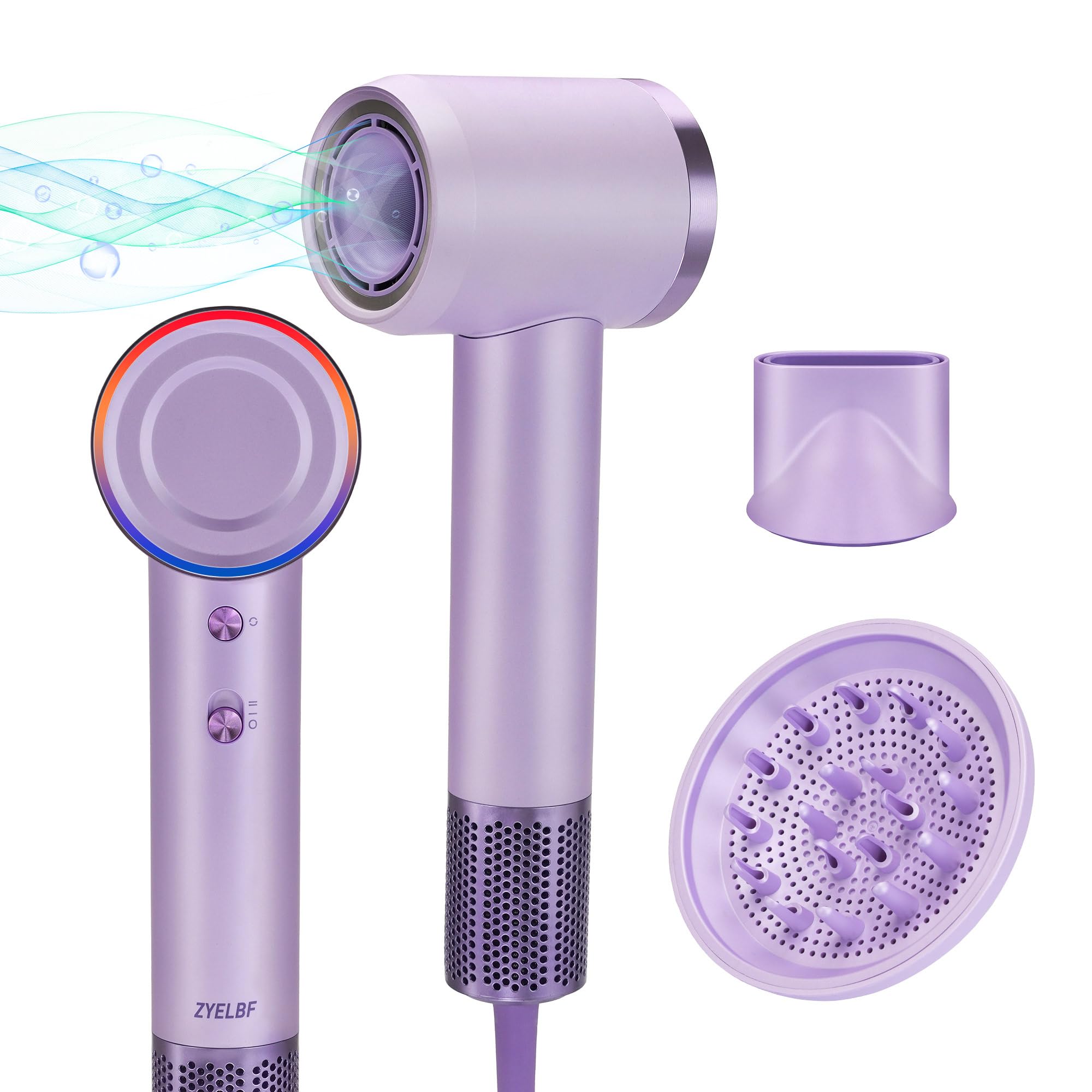 Professional Ionic Hair Dryer - 150,000 RPM High-Speed Brushless Motor with Negative Ions & Thermo Control | Includes Magnetic Diffuser & Nozzle (Purple) | Salon-Quality Blowout for Home & Travel Use