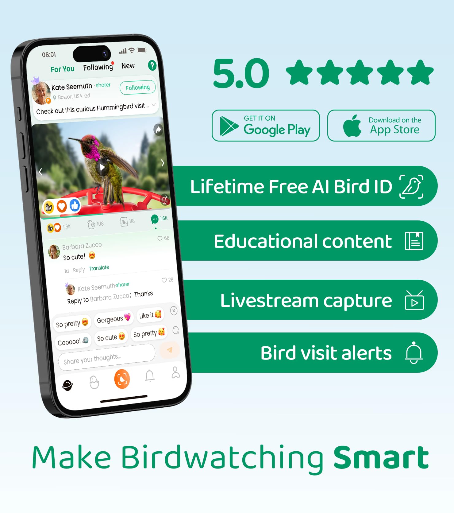 HIXX Smart Hummingbird Feeder with Camera - Solar Powered Bird Feeder with AI Recognition, Ant Moat & Bee Proof Design - Easy Clean & Refill - Includes Coolfly Birdwatching App - Perfect Gift for Bird Lovers (17.5 oz) - Ideal for Backyard Birdwatching, Nature Photography & Outdoor Decor