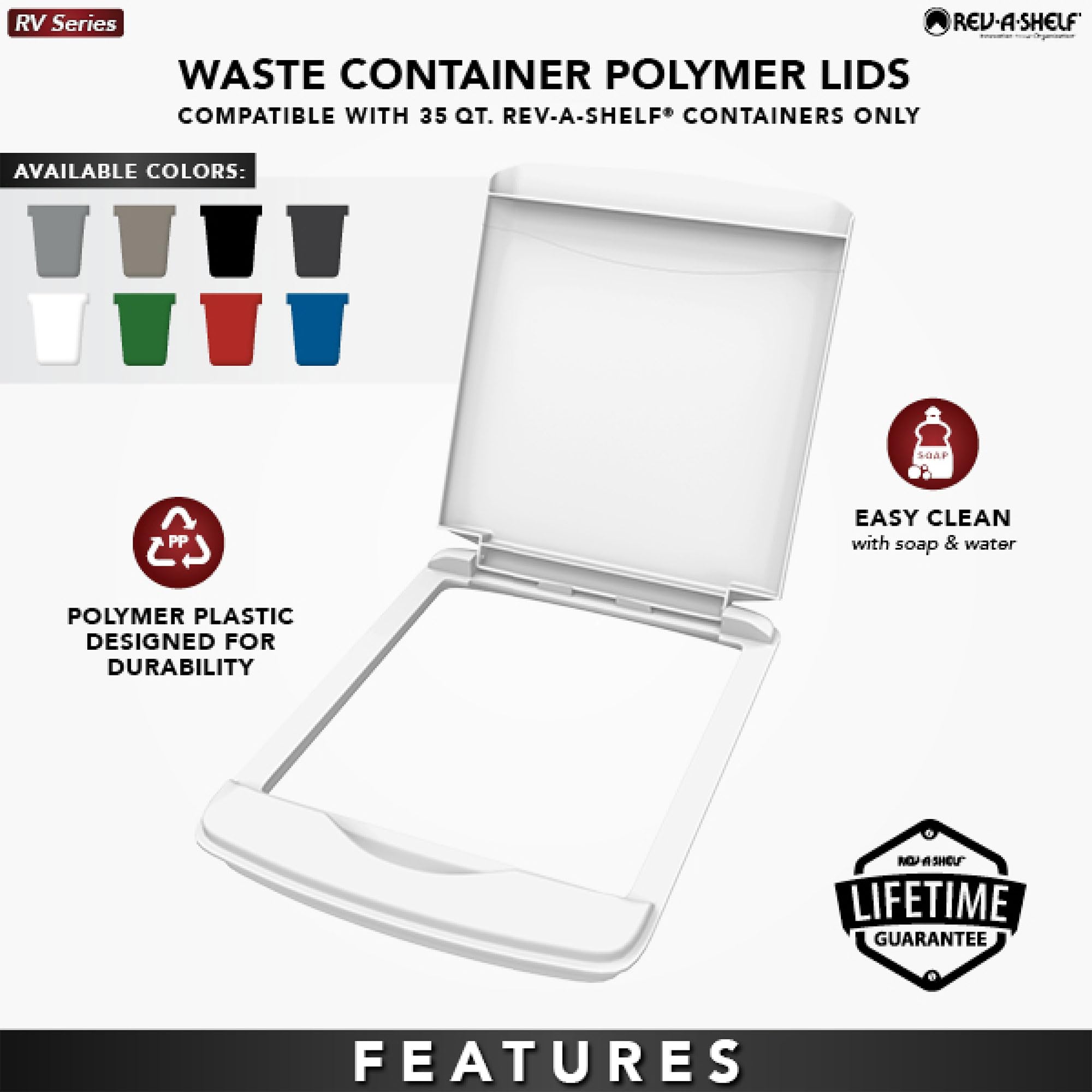 Rev-A-Shelf 35 Qt Under Sink Trash Can Lid - White Replacement Plastic Garbage Bin Cover for Kitchen & Bathroom Cabinets (RV-35-LID-1) | Perfect for RV, Camper & Small Space Organization
