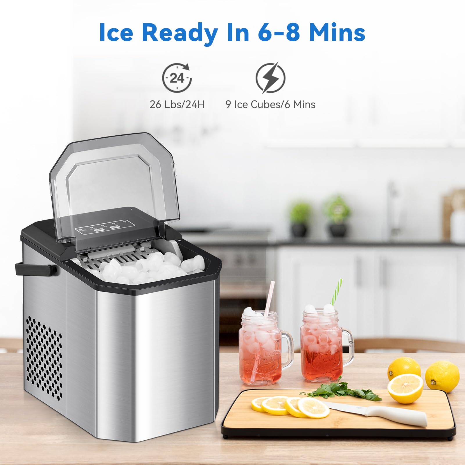 ACONEE Portable Countertop Ice Maker - 26LBs/24H, 9 Ice Cubes in 6 Mins, Self-Cleaning Bullet Nugget Pellet Ice Machine with Ice Scoop Basket & Smart Indicator - Perfect for Home, Office, Parties & Outdoor Activities