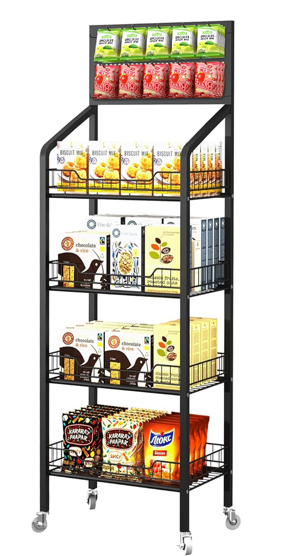 4-Tier Metal Snack Display Rack with Wheels & Hooks - Black Candy Merchandise Organizer for Supermarket, Retail Store & Home Kitchen - Perfect for Snacks, Candy, Spices & Kitchen Storage
