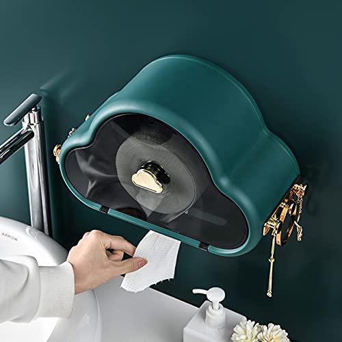 Wall Mounted Toilet Paper Holder - Punch-Free Installation, Waterproof Tissue Dispenser with Side Hooks for Bathroom, Kitchen & Living Room | Space-Saving Storage Solution (Green)
