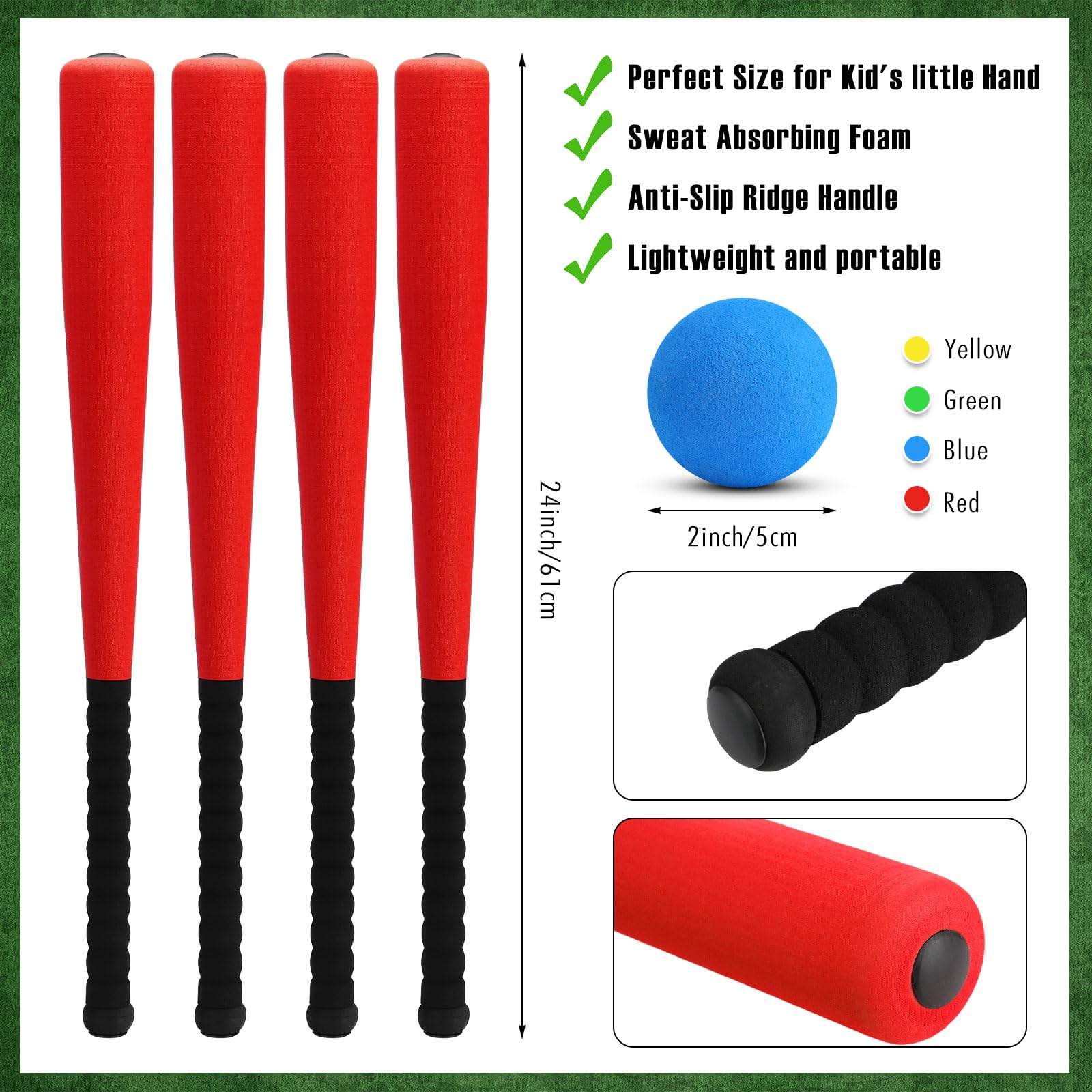 Wettarn 4-Piece Foam Baseball Bat Set - 24 Inch Soft Foam Bats with Safe Baseballs for T-Ball, Perfect for Kids & Beginners | Indoor & Outdoor Training, Backyard Games, PE Class, and Family Sports Activities