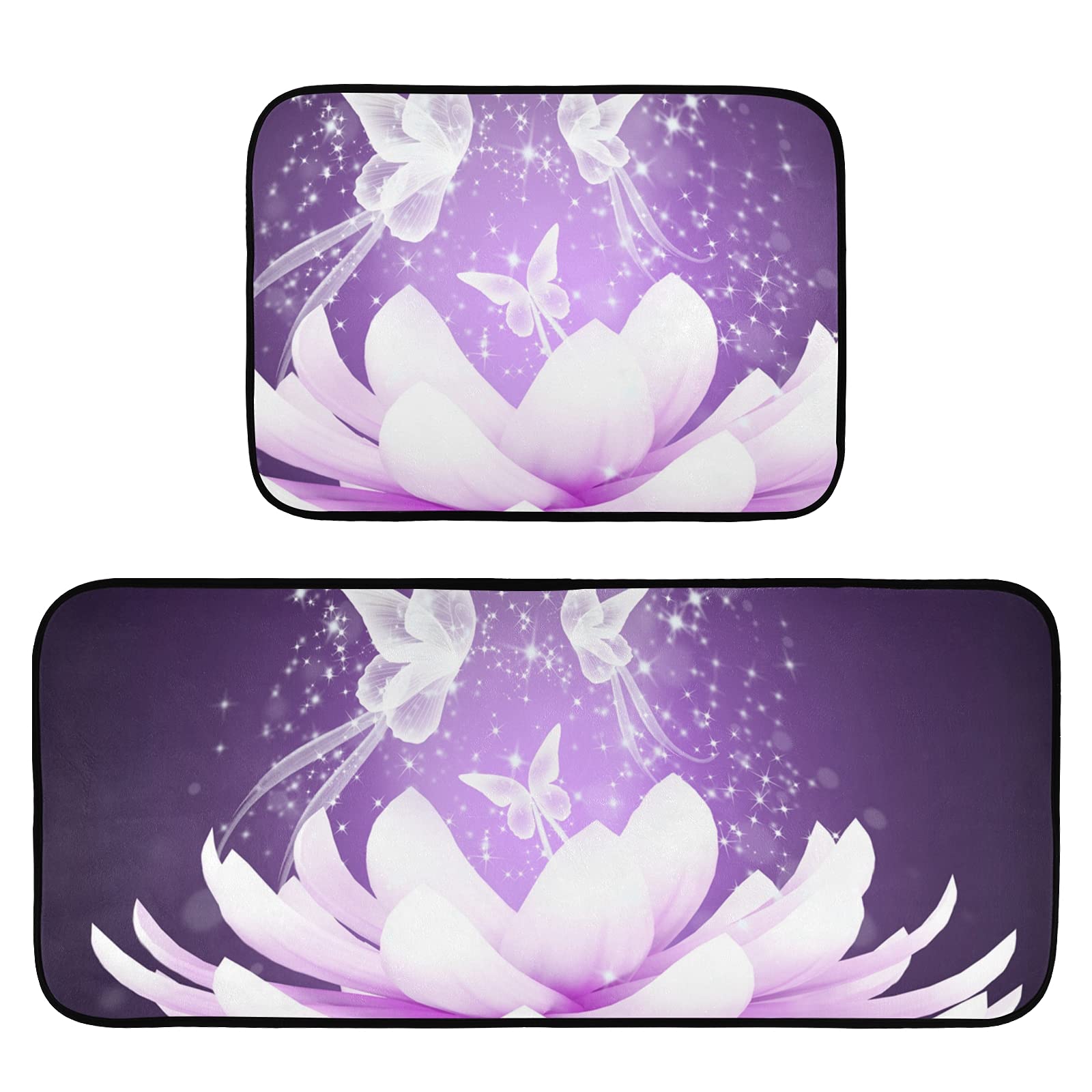 Xigua 2-Piece Lotus Flower Anti-Fatigue Kitchen Rug Set - Waterproof Non-Slip Floor Mat with Comfort Elastic Cotton Layer for Kitchen, Home, Office, Sink & Laundry - Perfect for Standing Comfort While Cooking, Washing Dishes or Doing Laundry