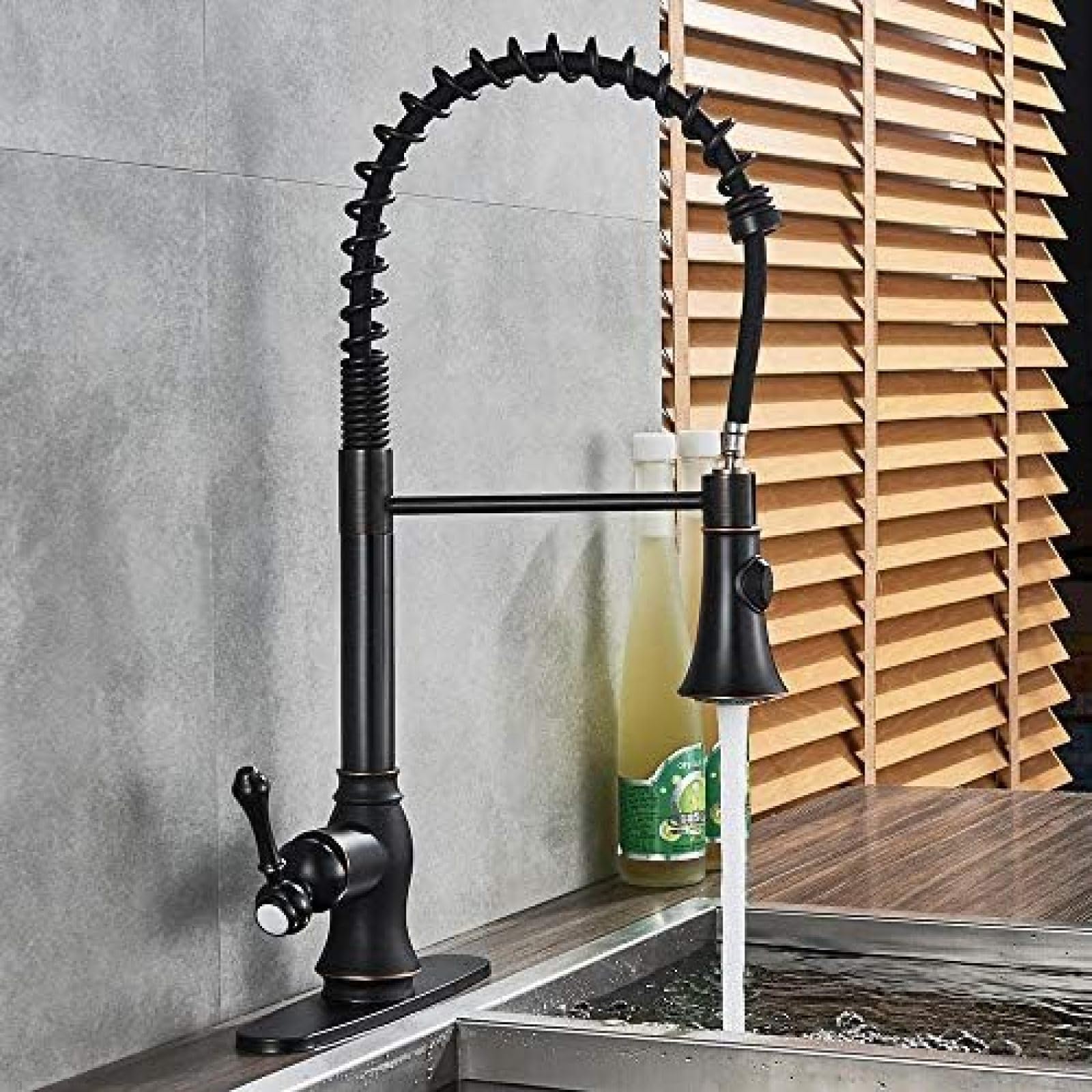 CRJUS Black Deck Mount Kitchen Faucet - Hot & Cold Water Mixer with Pull Down Sprayer, 2 Function Spout for Modern Spring Kitchen | Perfect for Washing Dishes, Filling Pots & Cleaning Countertops