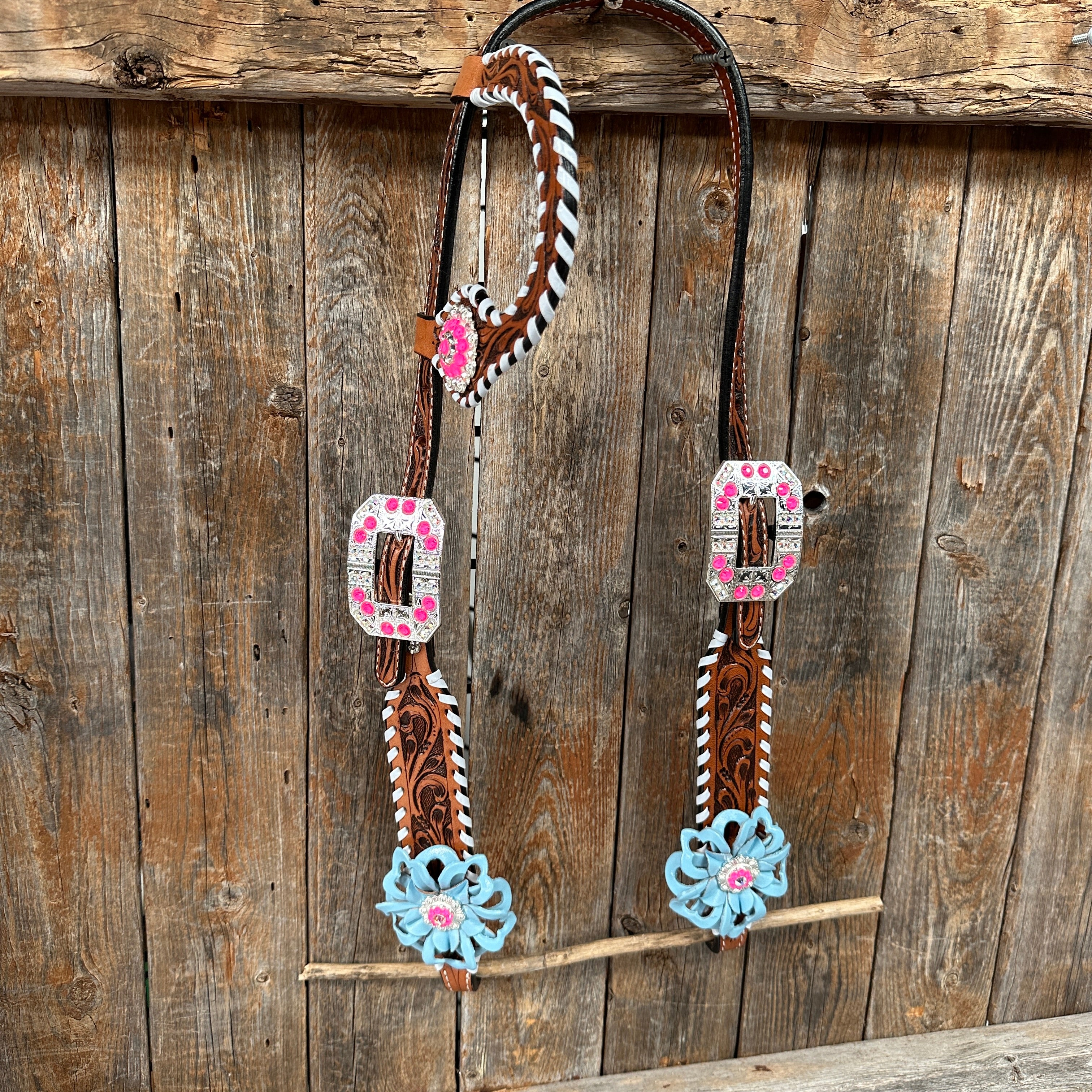 Light Oil Whipstitch Pink & Blue One Ear/Breastcollar Tack Set #OEBC575 - Premium Equestrian Gear for Western Riding & Horse Shows