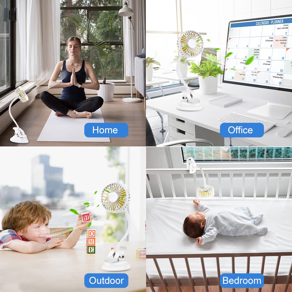 Clip on Fan Small Mini Fan - USB Rechargeable Portable Fan with 3 Speeds & Flexible Neck, Battery Powered Personal Desk Fan for Baby Stroller, Office, Car, Dorm, Camping & Beach - White | Perfect for Home, Travel & Outdoor Activities
