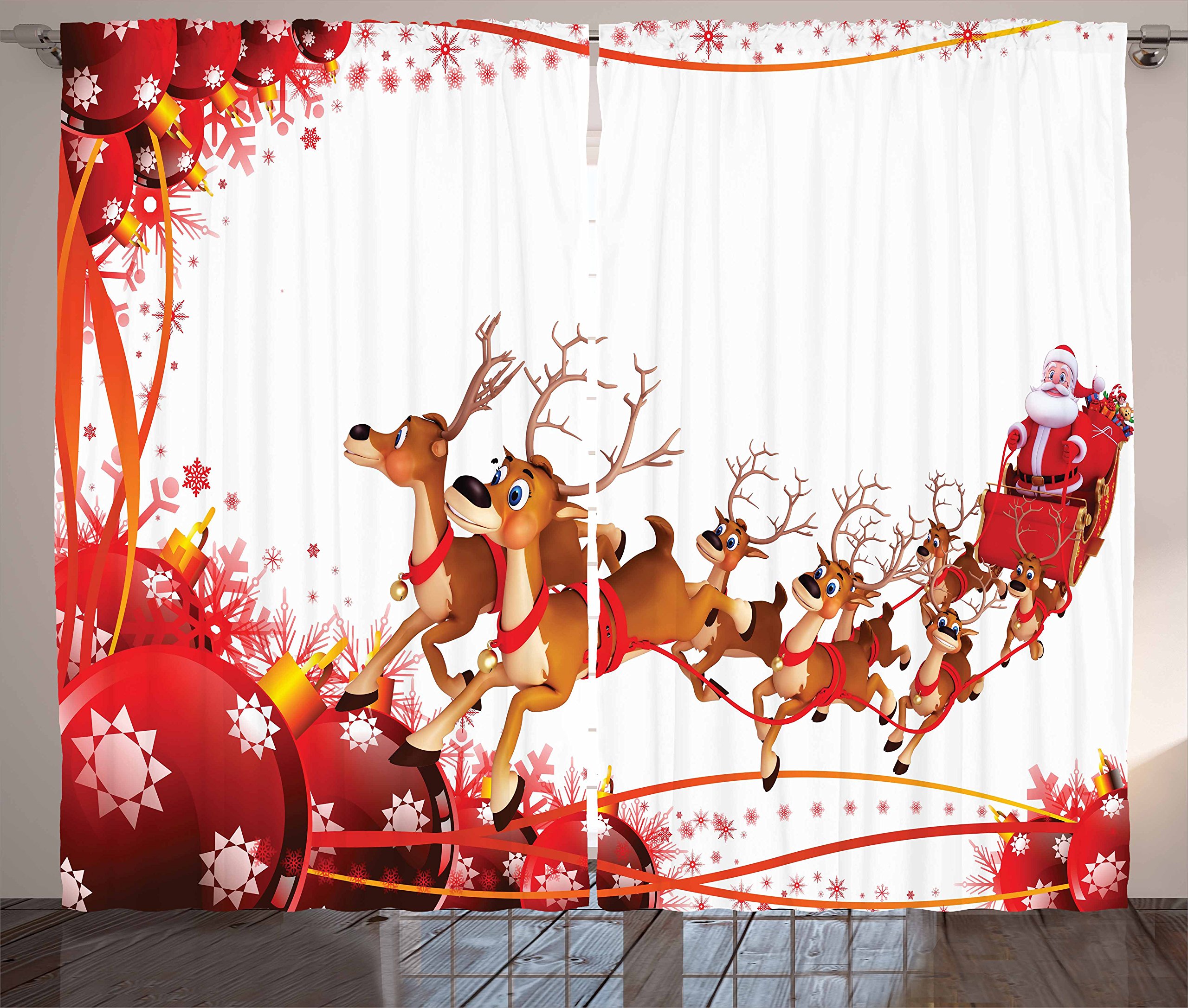 Ambesonne Santa Christmas Curtains - Abstract Holiday Design with Xmas Balls, Snowflakes & Flying Reindeer Carriage - 2 Panel Window Drapes for Living Room & Bedroom (108x63 inches, Pale Brown Red White) - Perfect for Holiday Decor & Winter Home Decorating