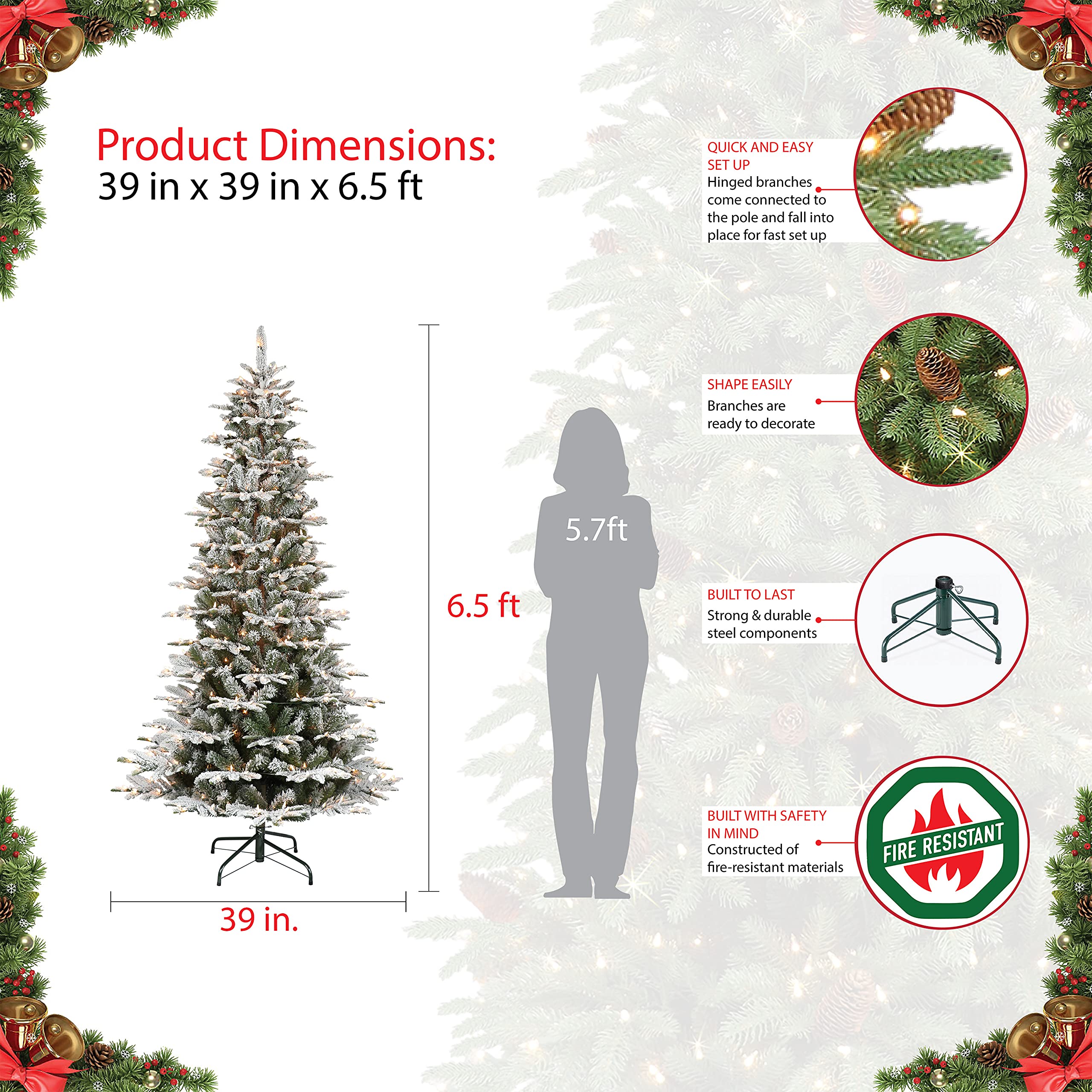 Puleo International 6.5ft Pre-Lit Slim Flocked Aspen Fir Artificial Christmas Tree with 350 Clear LED Lights - Perfect for Small Spaces, Apartments & Holiday Decorations