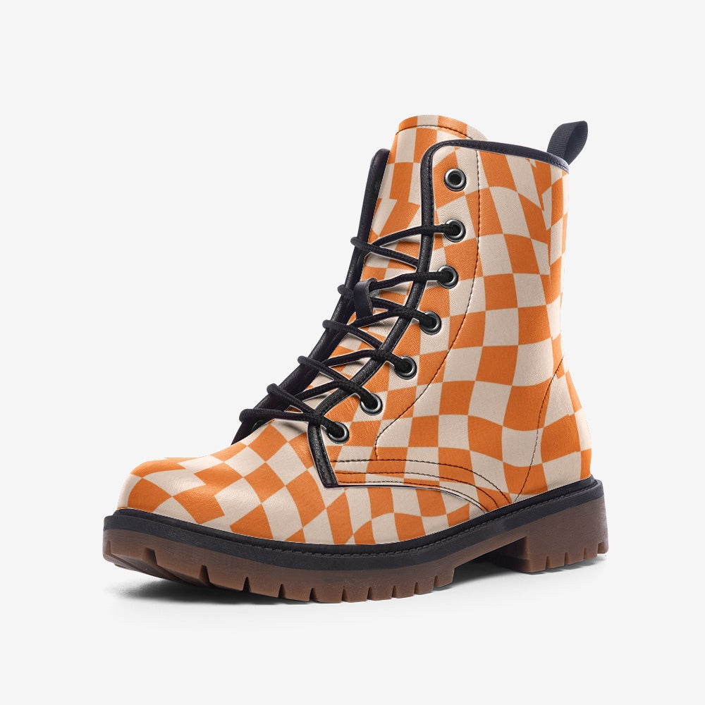 Stylish Faux Leather Lightweight Lace-Up Boots for Women - Retro Checkered Orange Design - Perfect for Casual Outfits, Fall Fashion & Everyday Wear