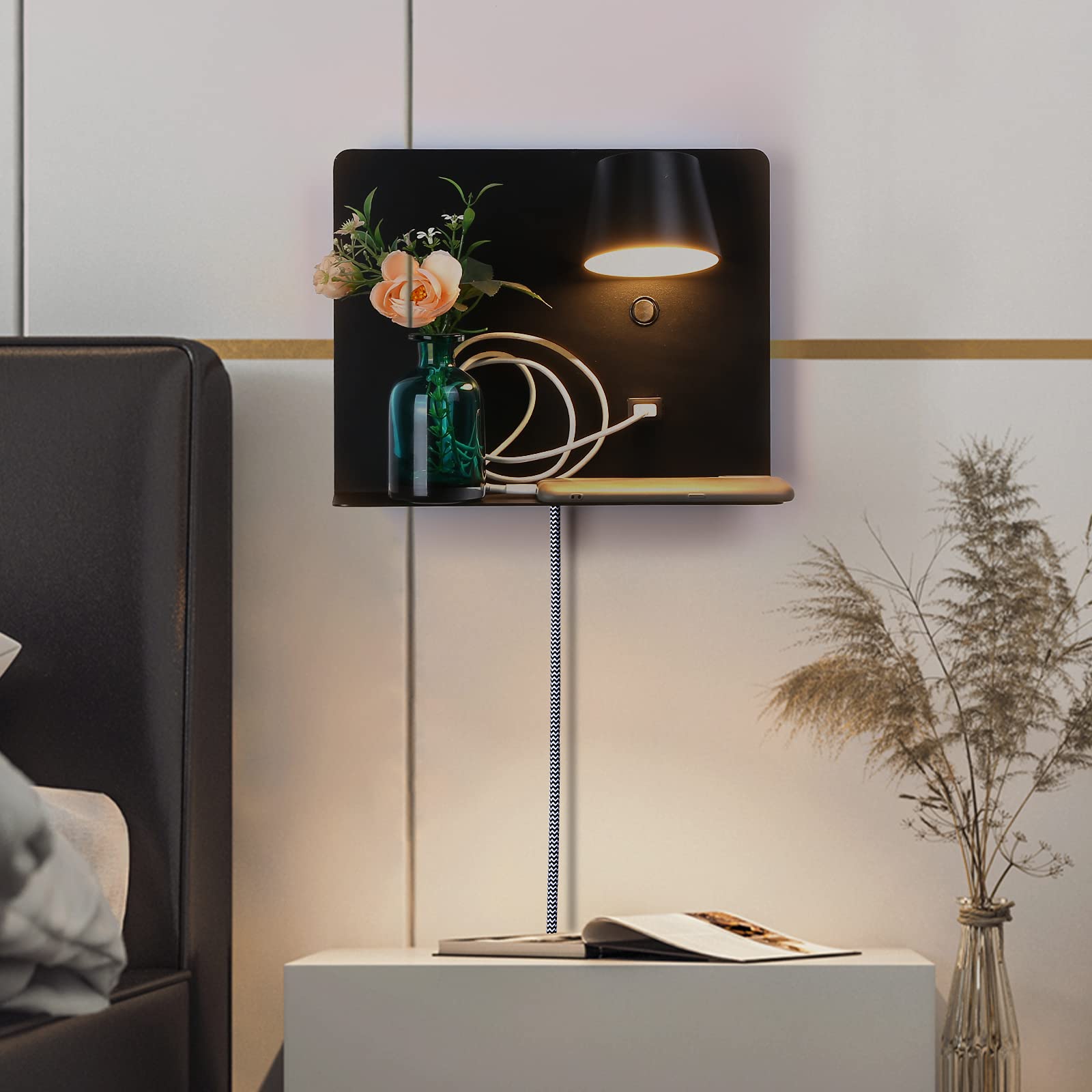 USB Wall Sconce with Shelf - LED Reading Light for Bedroom & Living Room - Black 11