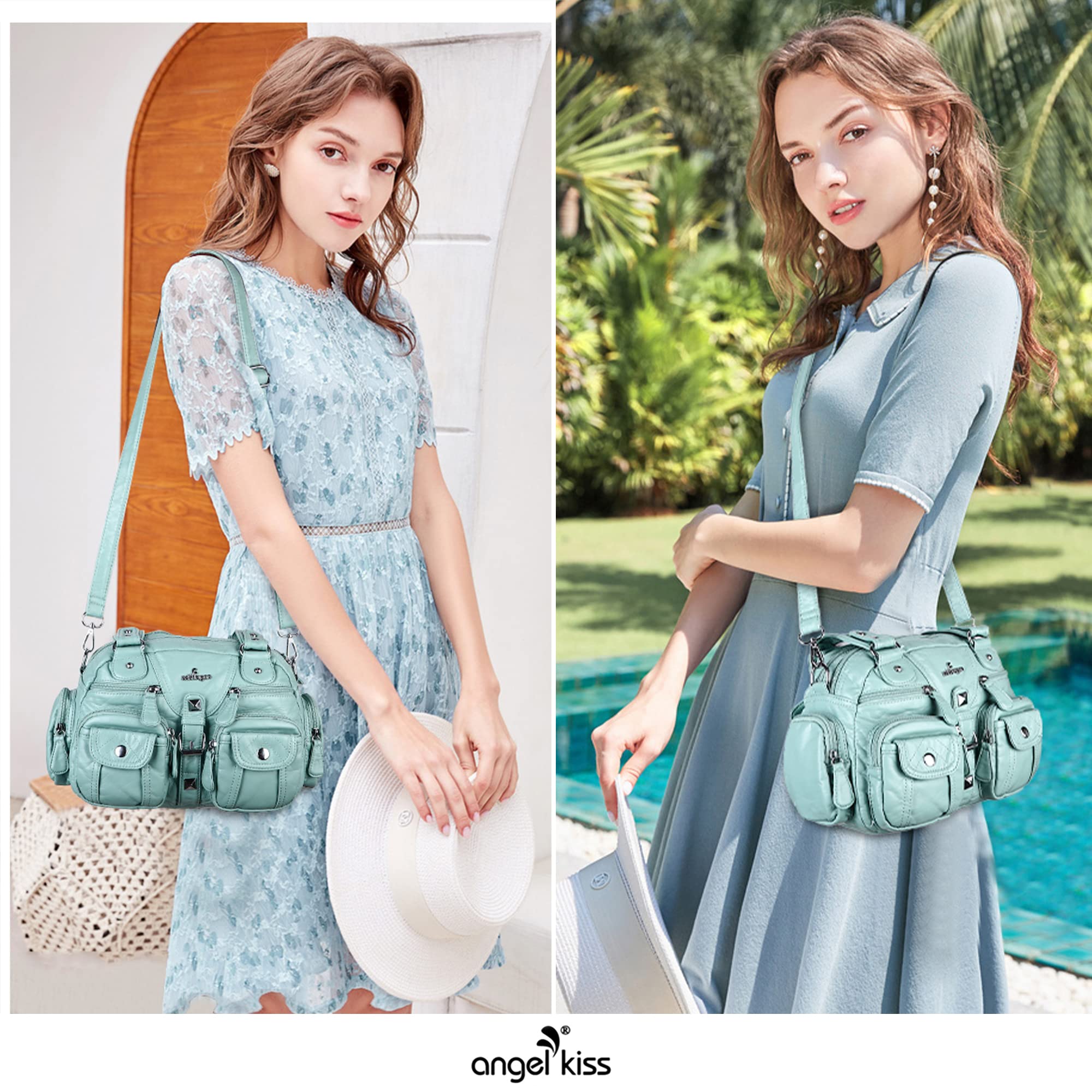 Angel Kiss Women's Soft Leather Hobo Crossbody Shoulder Bag with Removable Strap & Multiple Pockets - Perfect for Work, Travel & Everyday Use
