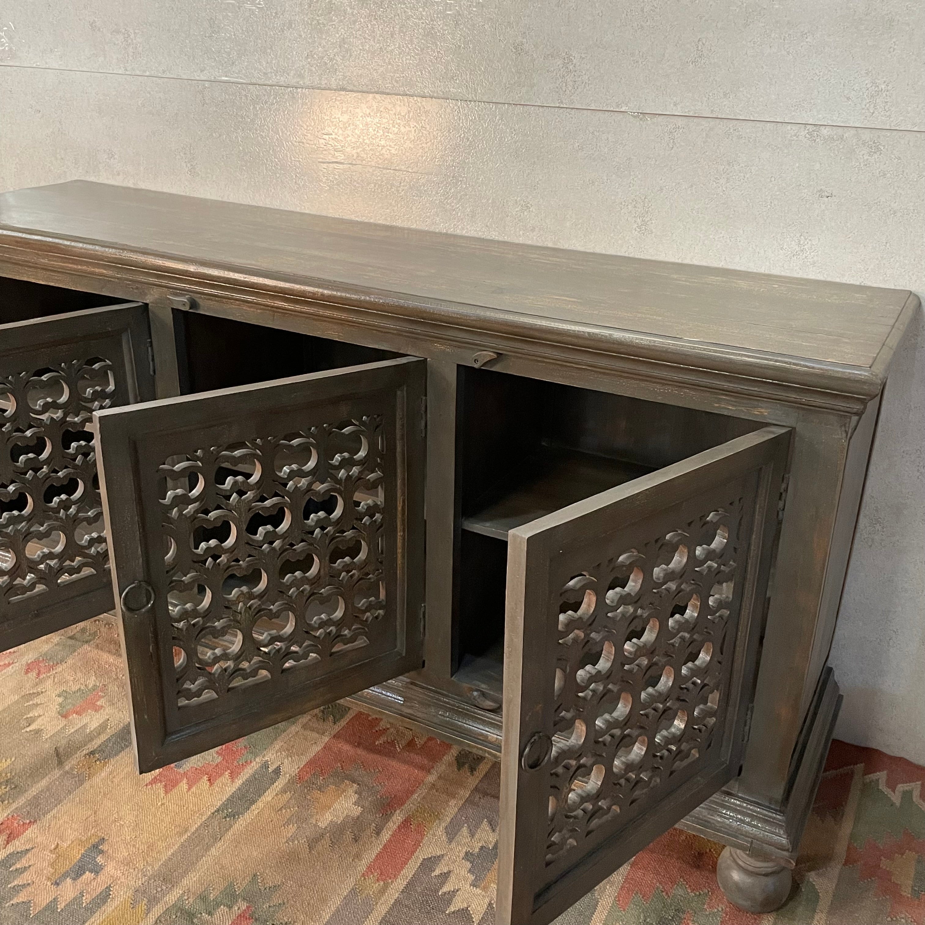 Handmade Solid Wood Carved Indian Sideboard with Jali Doors - Grey Finish, 72.4
