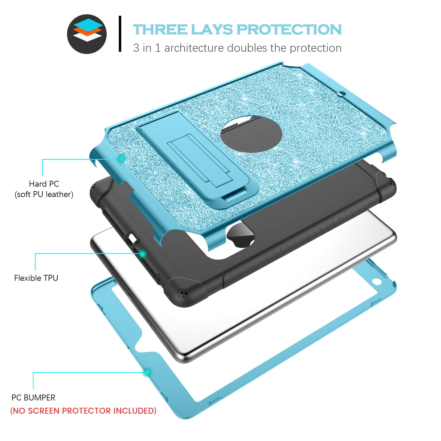 YINLAI Shockproof Protective Case for iPad 9.7 Inch (6th/5th Gen & Air 2) - Glitter Bling Kickstand Cover for Kids, Women & Girls - Perfect for School, Travel & Daily Use - Blue