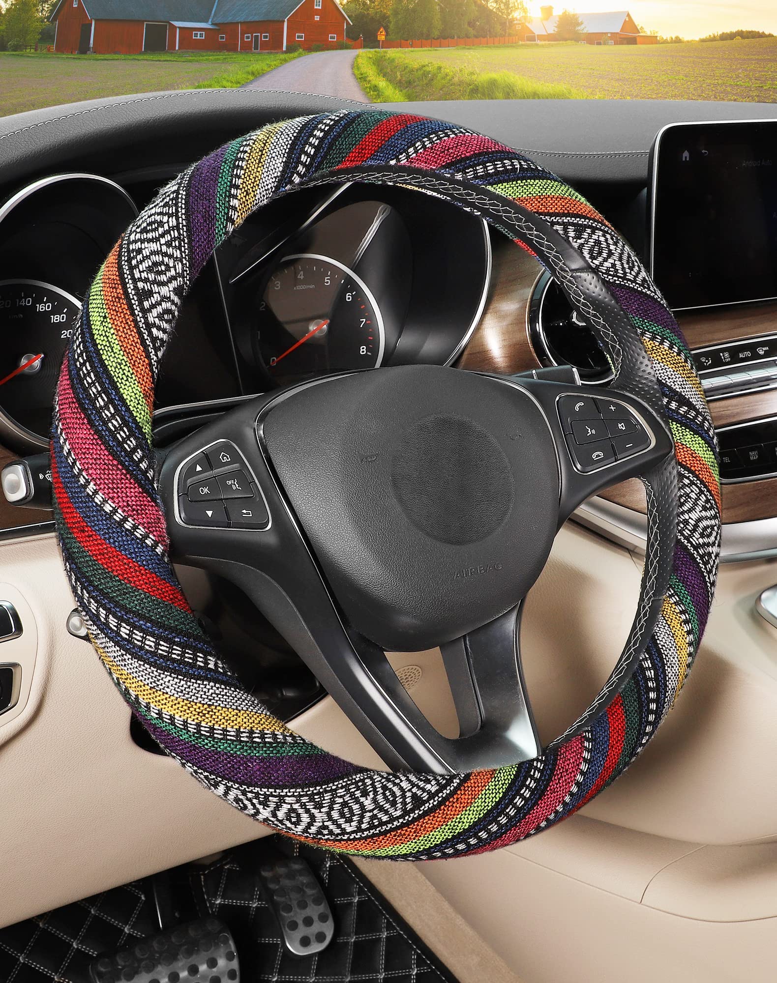 Boho Steering Wheel Cover - Ethnic Style Baja Blanket Cloth Car Accessory for 14.5-15.25 Inch Wheels | Coarse Flax Material | Perfect for Road Trips, Summer Drives & Vintage Car Decor
