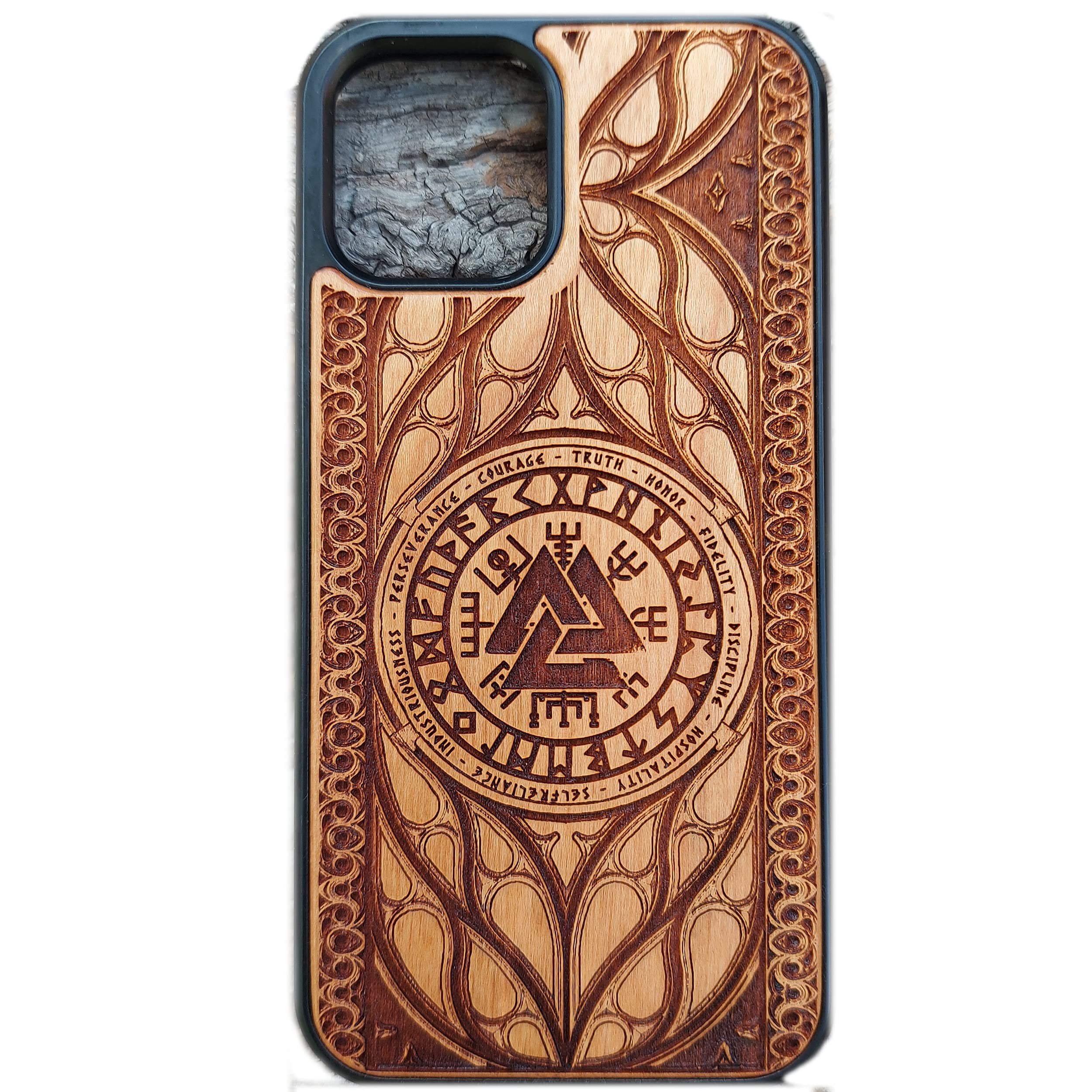 Viking Norse Rune Symbol Laser Engraved Wooden Phone Case - Compatible with iPhone 16/15/14/13/12/11 Pro Max Mini & Galaxy S25/S24/S23/S22/S21/S20 Ultra Plus - Eco-Friendly Slim Durable Wood Cover for Daily Protection & Nordic Style