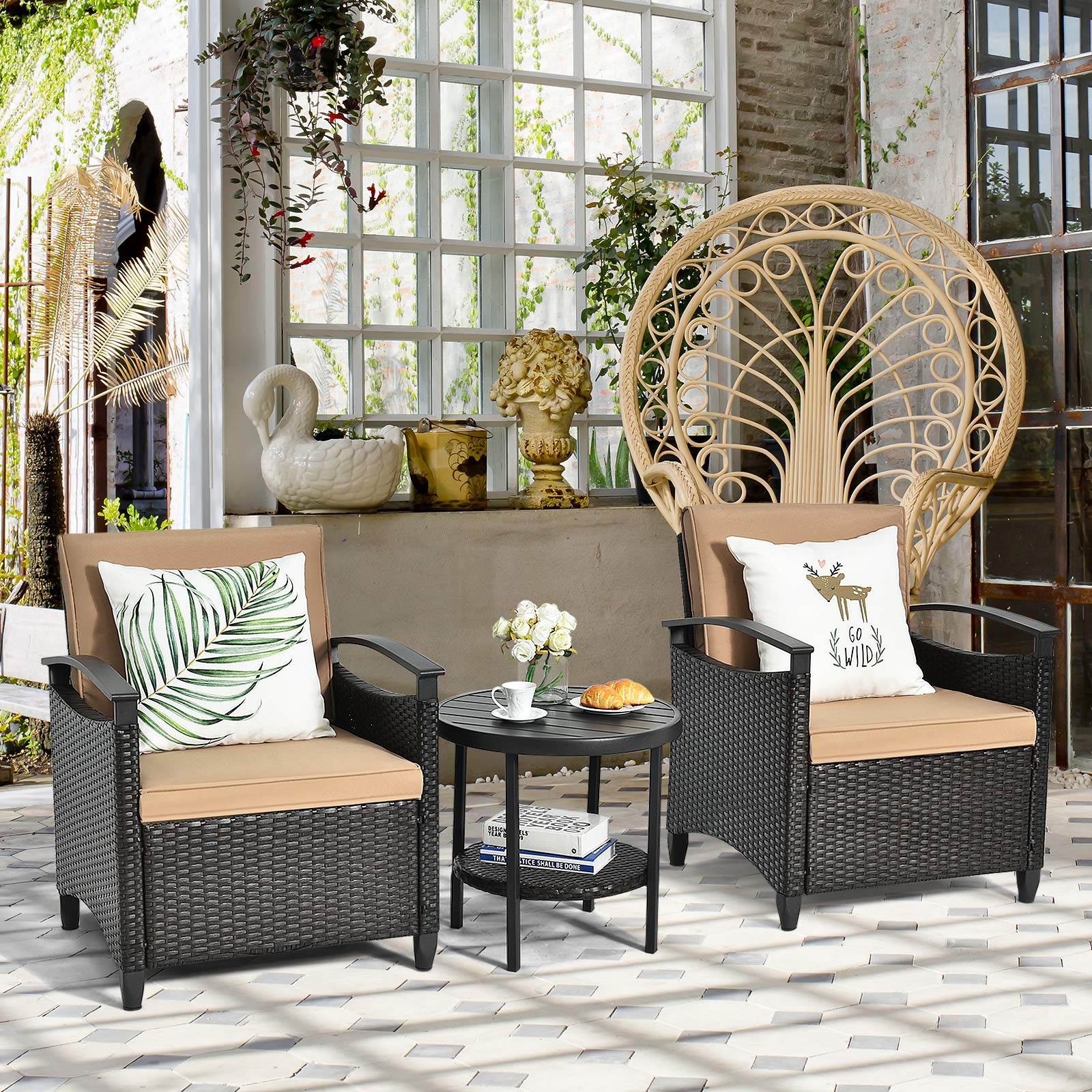 Tangkula 3-Piece Rattan Patio Furniture Set with Coffee Table - Outdoor Wicker Sofa Conversation Set with Cushions, Durable Steel Frame - Perfect for Garden, Backyard, Balcony, Poolside & Outdoor Entertaining