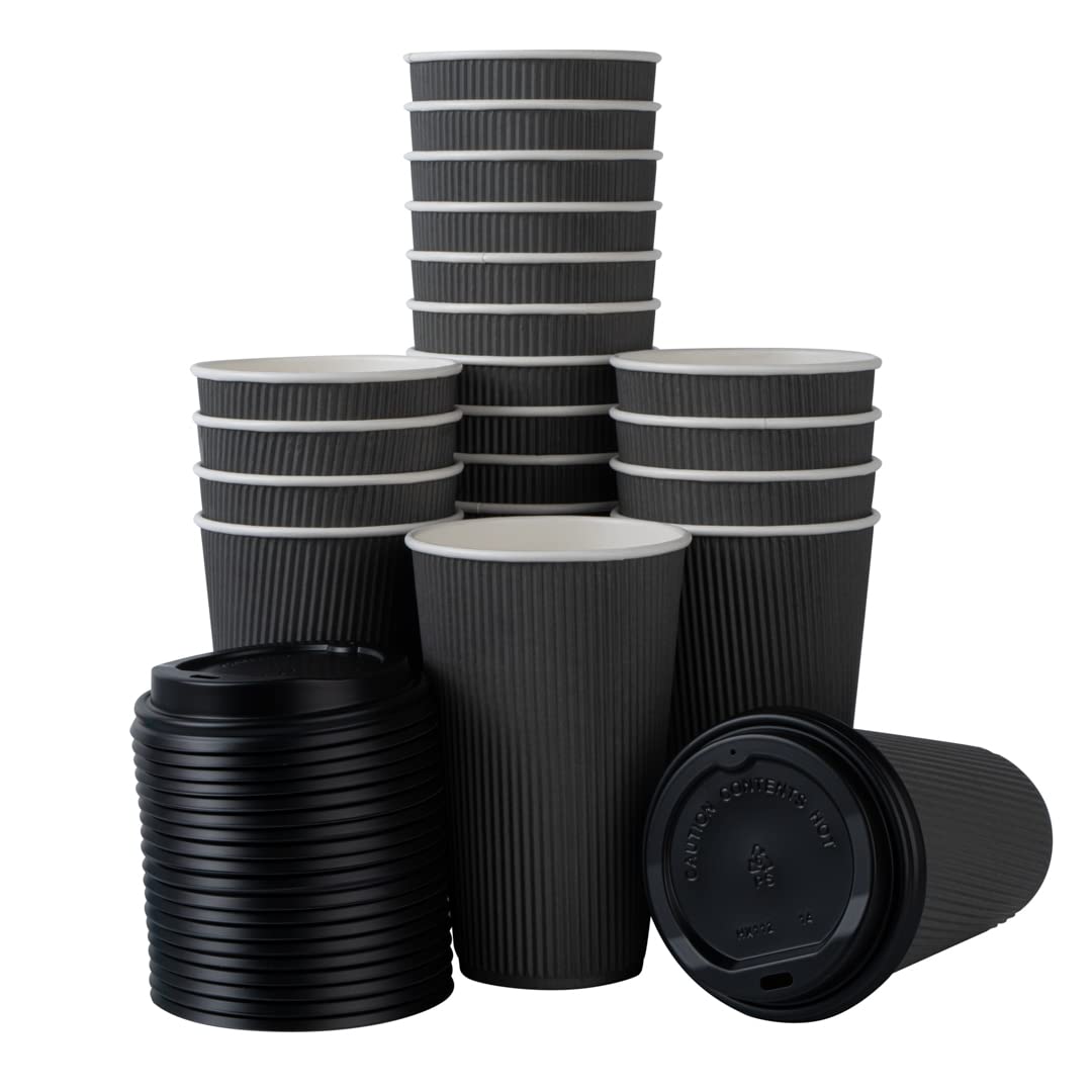 16oz Insulated Coffee Cups with Lids - 200 Pack Leakproof Ripple Wall Hot Cups | Disposable Gray Paper Cups for Coffee, Tea, Hot Cocoa & Lattes | Perfect for Cafes, Offices & Catering Events