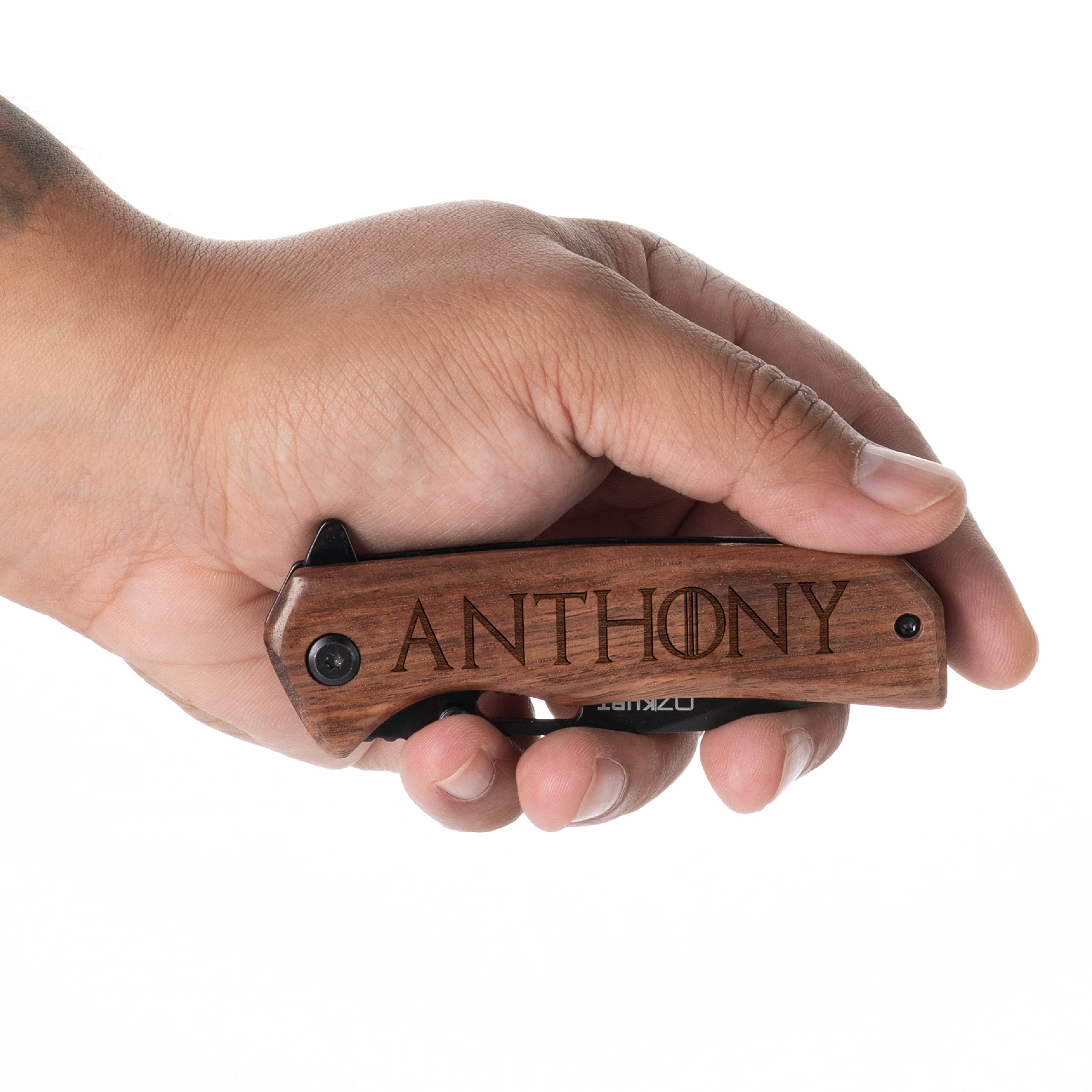 Custom Engraved Pocket Knife with Walnut Wood Handle - 36 Icon Designs & 13 Font Styles - Personalized Gift for Men, Dad, Husband - Perfect for Camping, Hiking, Outdoor Adventures & Everyday Carry (EDC)