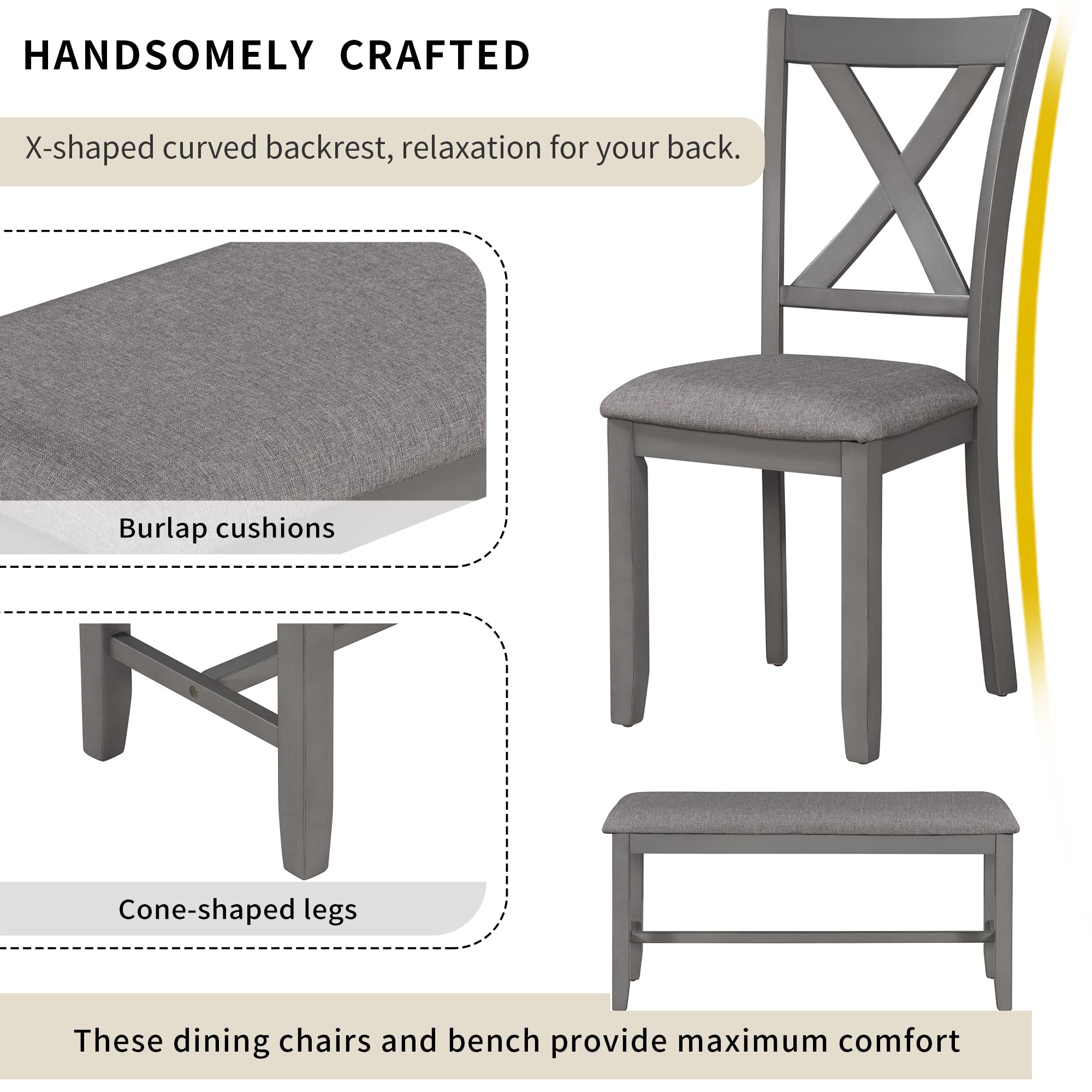 Merax 6-Piece Kitchen Dining Set - Wooden Rectangular Table, Bench & 4 Upholstered Chairs, Gray - Perfect for Family Meals, Entertaining Guests & Small Space Dining Rooms