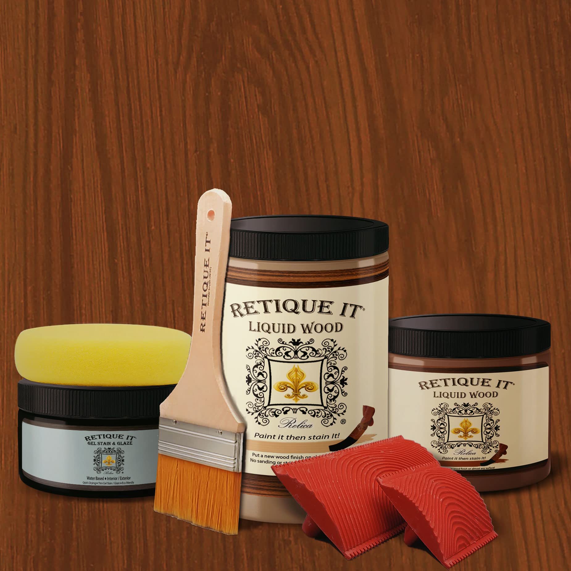 Retique It Gel Stain Liquid Wood Kit - Paintable Wood Stain for Furniture, Cabinets & DIY Projects (2X Double 100 sq ft, Rustic Finish, Cherry) - Perfect with Chalk Paint, Milk Paint & Wood Refinishing