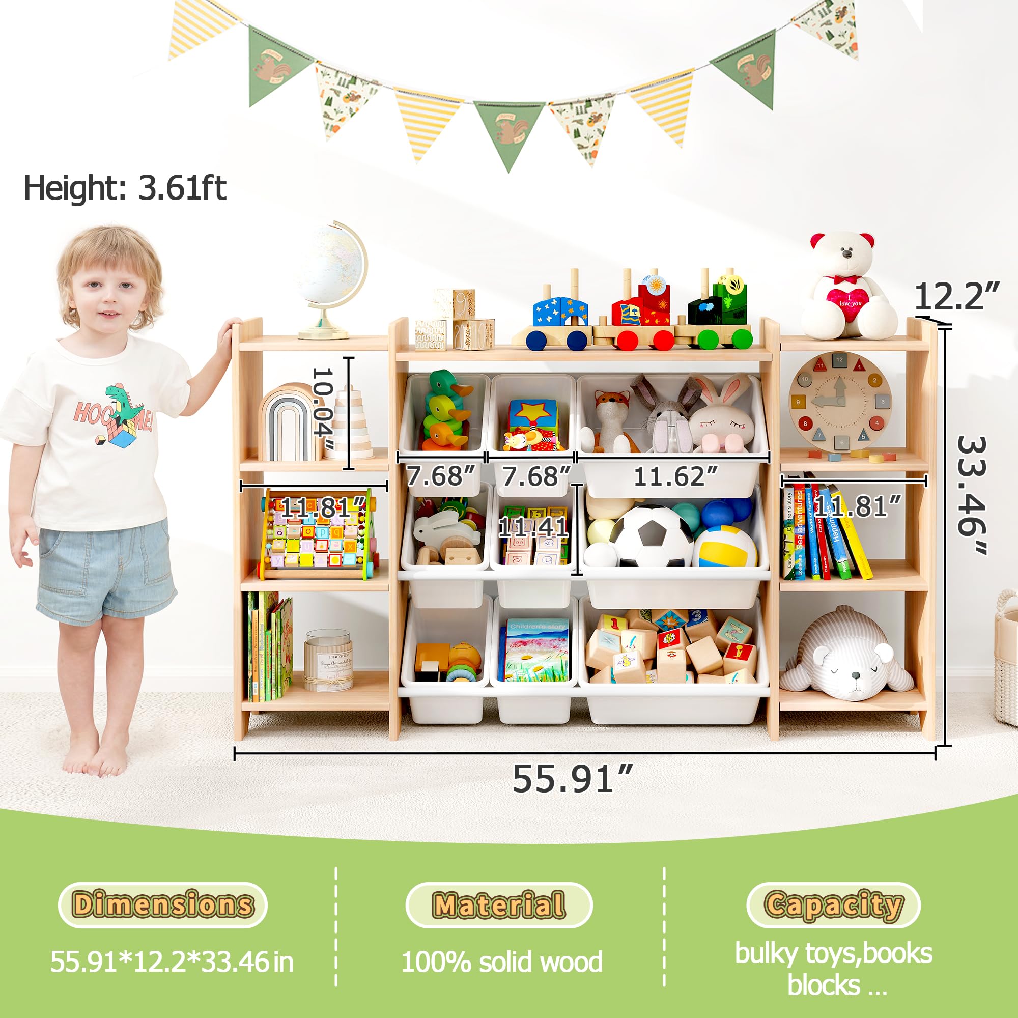 MallBest 4-Tier Kids Toy Storage Organizer Shelf - 100% Solid Wood Extra Wide Children's Storage Cabinet with 9 Plastic Bins & 6 Storage Ports | Perfect for Playroom, Bedroom & Classroom Organization