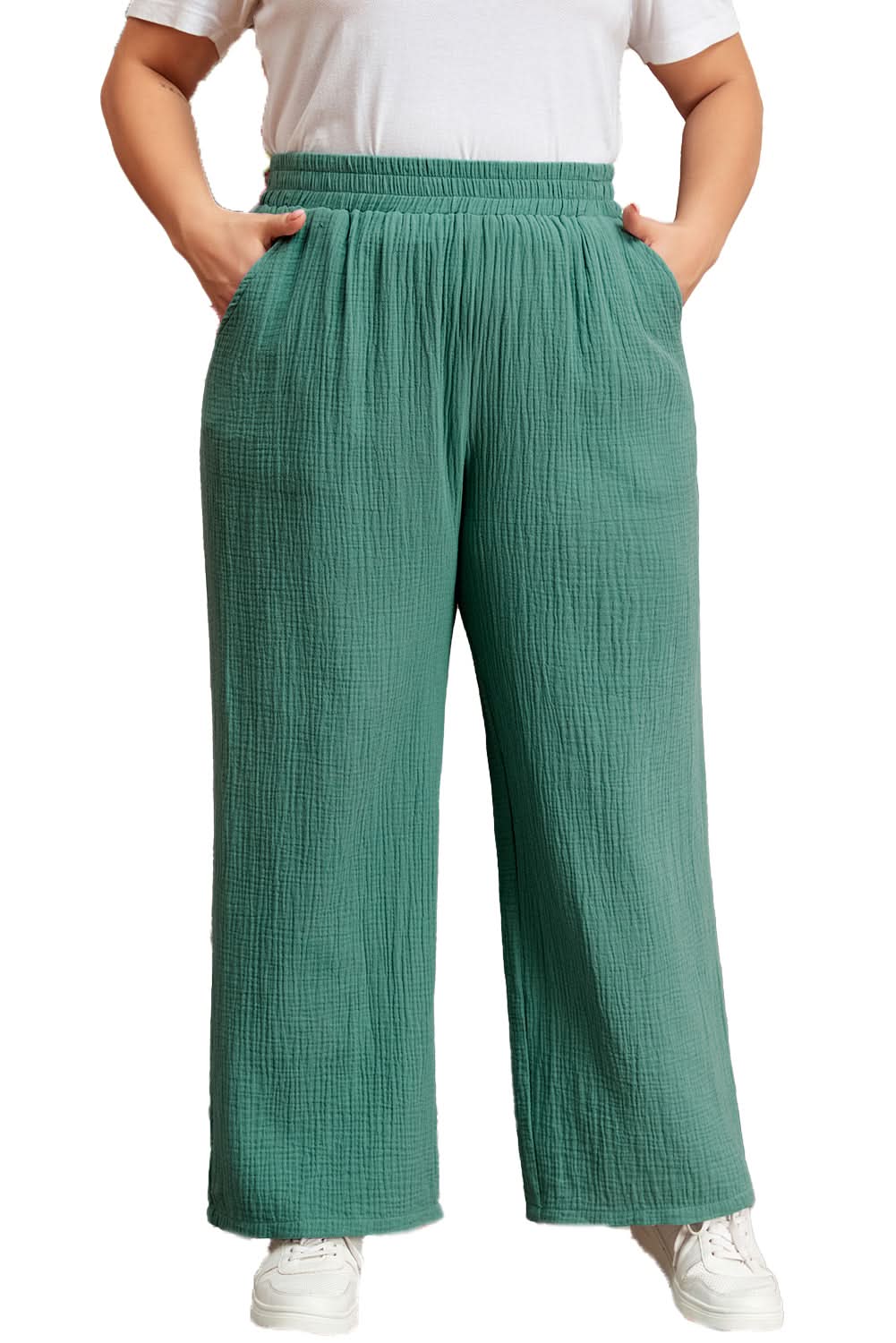 Stylish Smoke Green Plus Size Wide Leg Pants for Women - Comfortable High Waisted Palazzo Trousers for Casual Wear, Office & Travel
