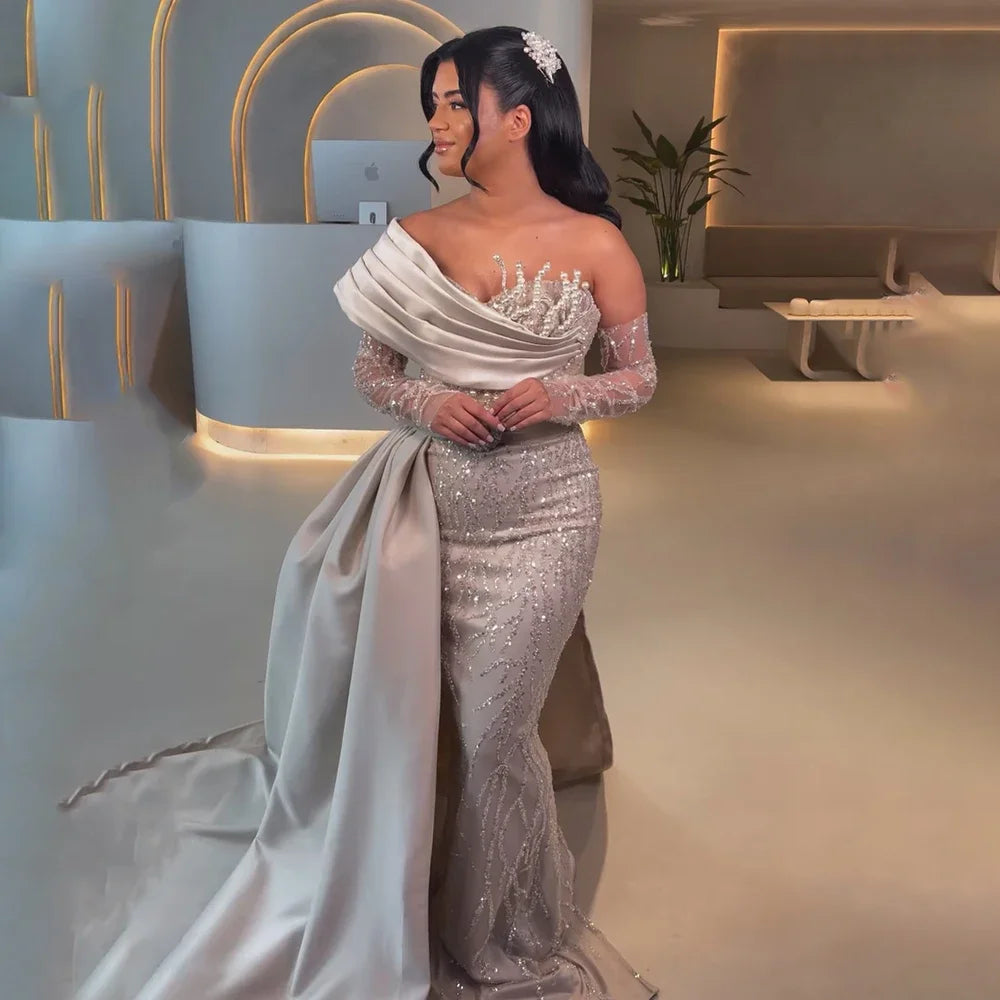 Luxury Arabic Pearl Beaded Evening Dress - Elegant One Shoulder Women's Wedding & Party Gown | Dubai Inspired Formal Wear for Bridal, Prom & Special Occasions