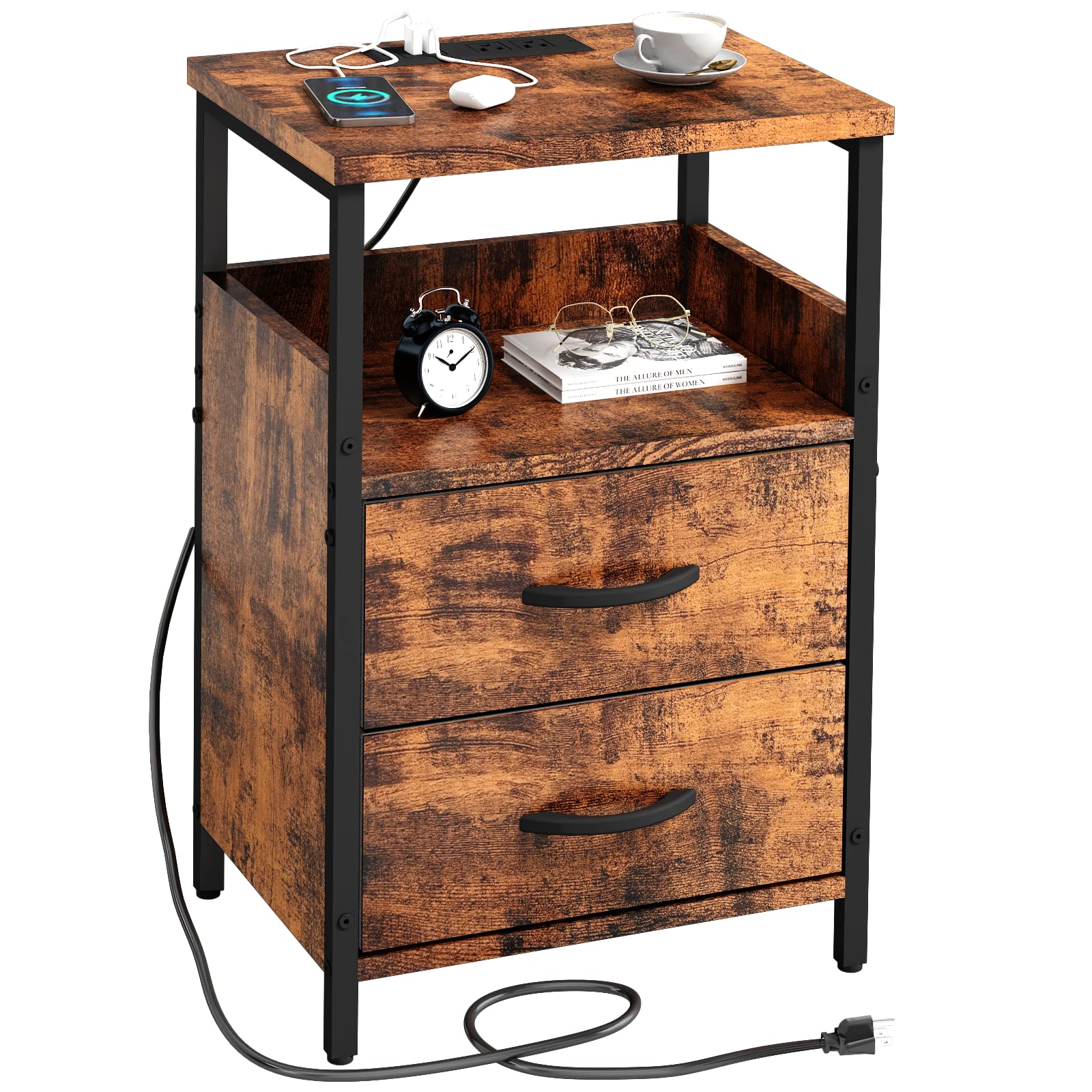 Vintage Small End Table with USB Charging Station & Fabric Drawer - Compact Nightstand with Power Outlets for Bedroom, Living Room & Office - Perfect Space-Saving Side Table for Apartments, Dorms and Small Spaces