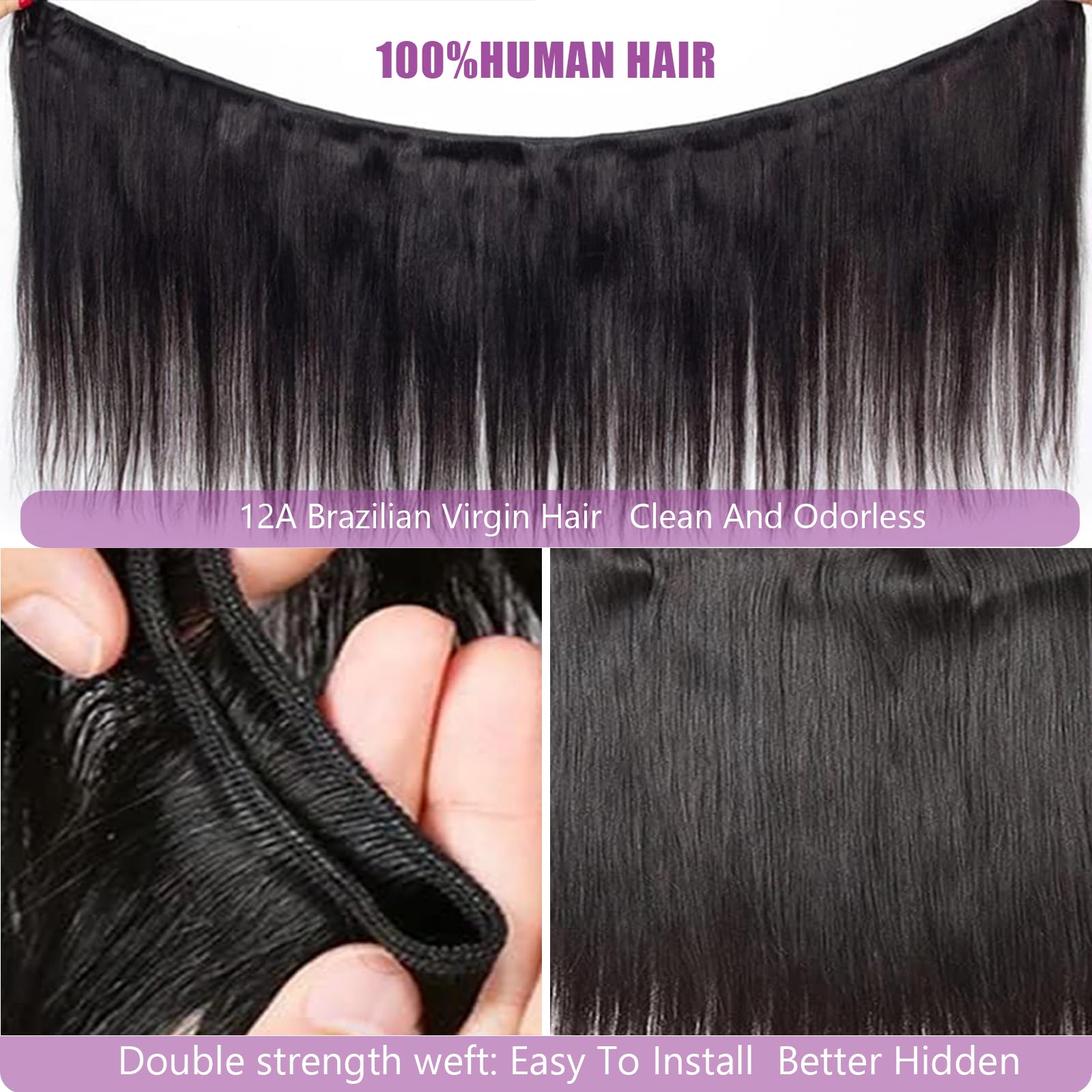 12A Grade 100% Virgin Brazilian Straight Human Hair Bundles - 3 Bundles (22, 24, 26 Inch) - Raw Unprocessed Natural Black Hair Extensions for Quick Weave, Sew-in, and Clip-in Hairstyles - Perfect for Daily Wear, Special Occasions, and Salon Styling