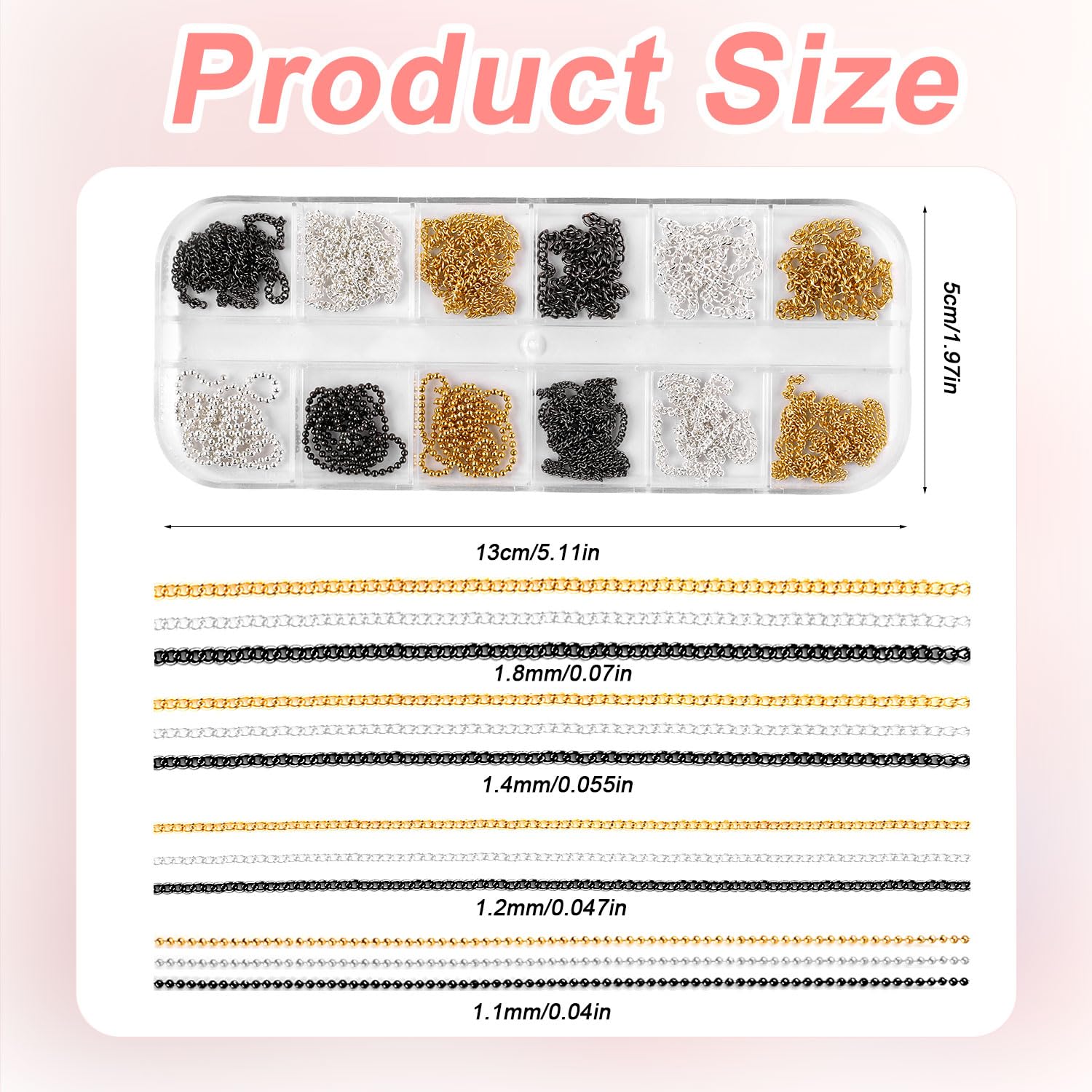 12 Strips Metal Nail Art Chains - Gold Silver & Black 3D Nail Decorations Charms for DIY Nail Jewelry Design | Nail Art Accessories for Manicure, Party, Wedding & Special Occasions