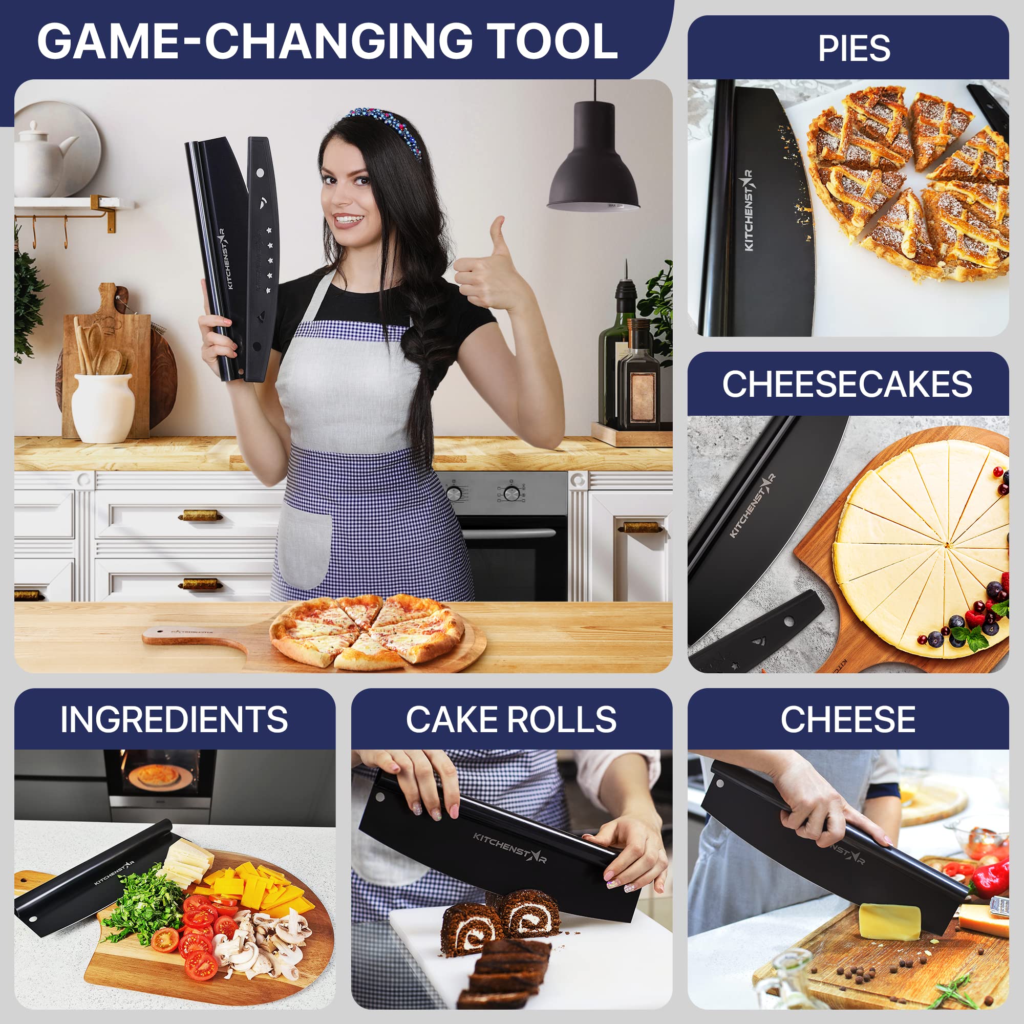 KitchenStar 12-Inch Stainless Steel Pizza Cutter Rocker - Sharp Black Non-Stick Pizza Slicer Knife with Blade Cover - Professional Pizza Making Tools & Oven Accessories - Dishwasher Safe - Perfect for Home Kitchens, Pizzerias, and Party Food Prep