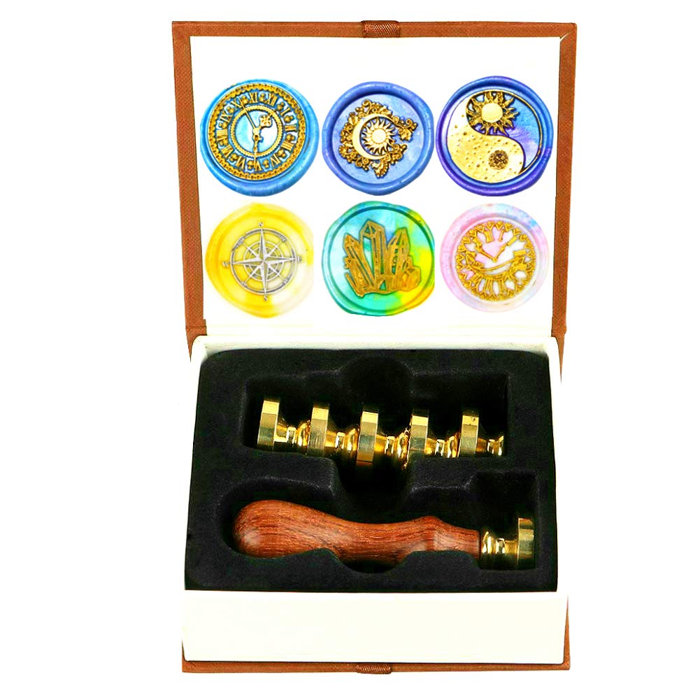 VIHOME 6-Piece Wax Seal Stamp Set - Clock, Crystal Compass, Sun, Moon, Star & Whale Designs with Wooden Handle - Vintage Copper Seals for Wedding Invitations, DIY Scrapbooking & Gift Wrapping