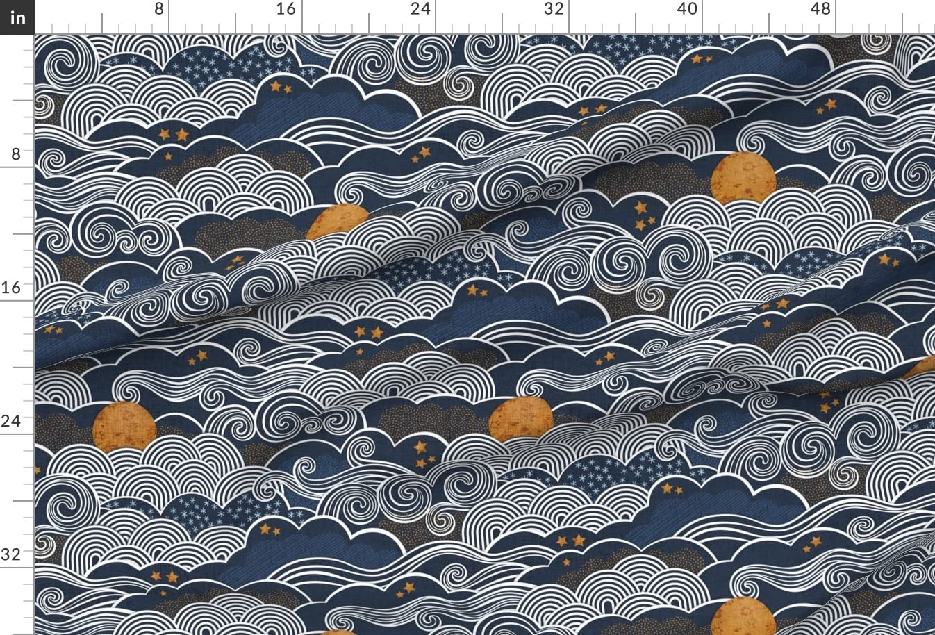 Night Sky Clouds Gold Stars Printed Velvet Fabric - Sky Blue Mustard Dark Navy Upholstery Material for Home Decor, Apparel & DIY Projects | Fat Quarter for Sewing, Quilting & Crafts