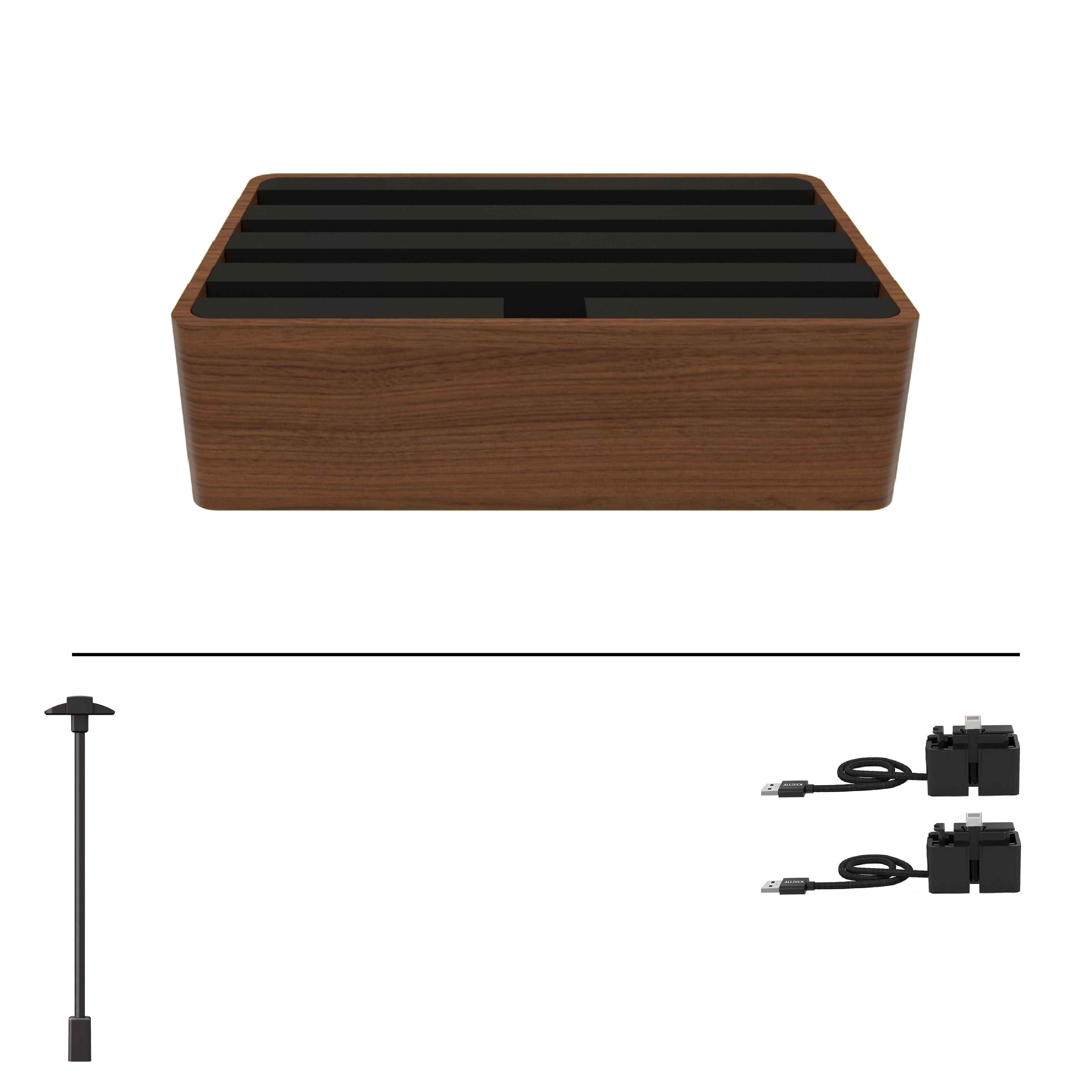 ALLDOCK Classic Walnut & Black Wooden Charging Station - Premium USB Hub for Multiple Devices - Perfect for Home Office Desk Organization