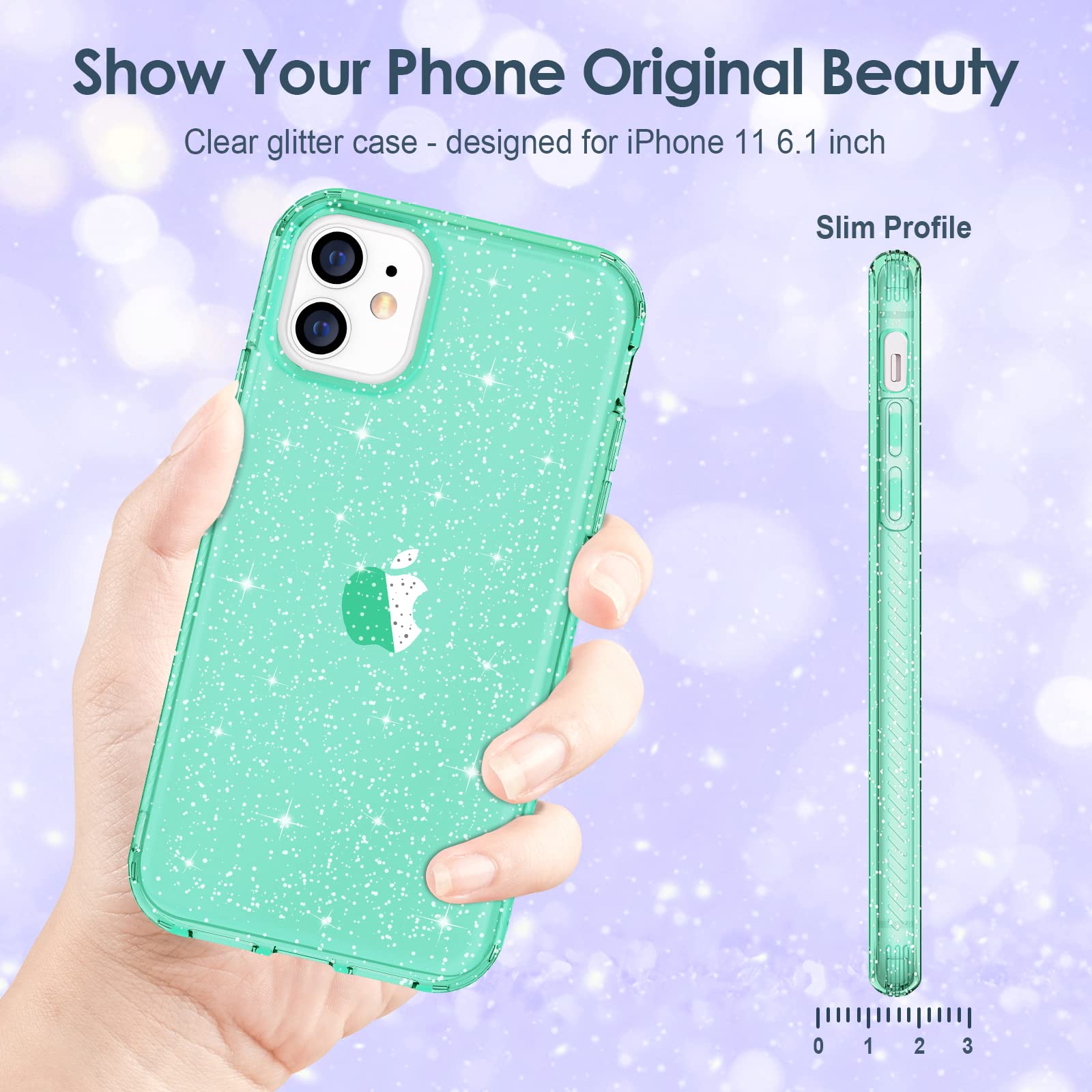Hython Glitter Case for iPhone 11 - Sparkly Clear Bling Shockproof Protective Phone Cover | Cute Anti-Scratch Slim TPU Case for Women & Girls (Green Glitter) | Perfect for Everyday Use, Parties & Gifts