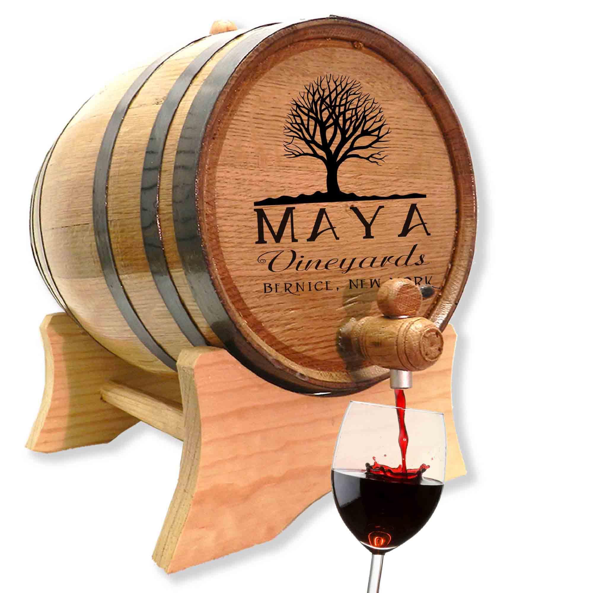 Personalized 10 Liter Oak Wine Barrel (2.5 Gallon) with Stand, Bung & Spigot - Age Whiskey, Bourbon, Cocktails & Beer - Laser Engraved Vineyard Design (B331) - Perfect for Home Bars, Gifts & Craft Beverage Aging