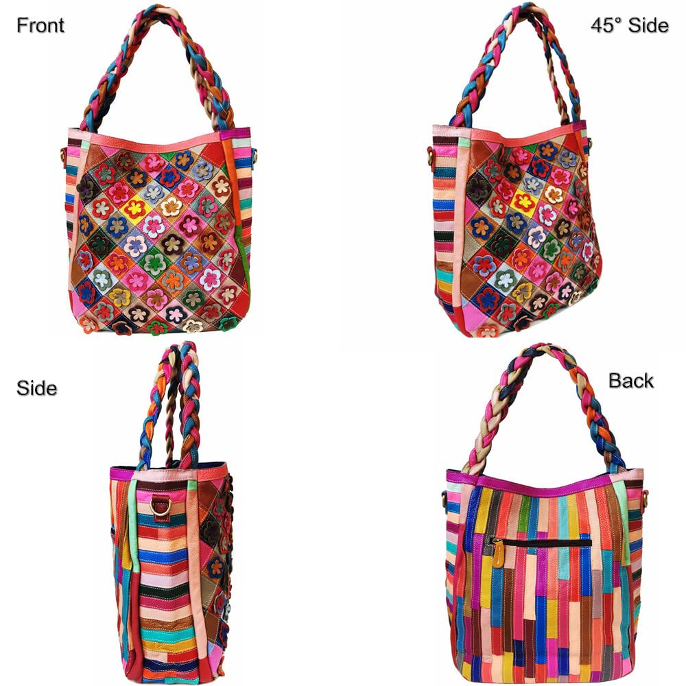 Genuine Leather Handbags for Women - 3D Floral Tote Bag with Hand Woven Strap, Shoulder Bag & Crossbody Purse | Elegant Satchel for Work, Travel & Everyday Use