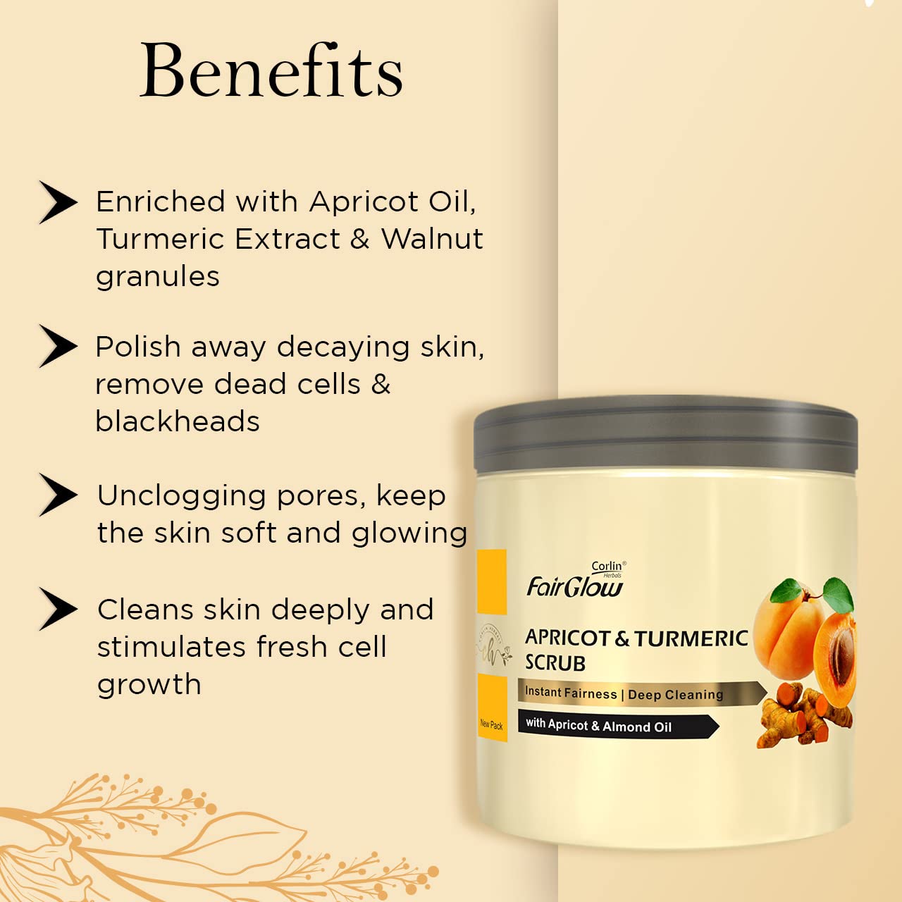 CORLIN FAIRGLOW Apricot & Turmeric Scrub 800g - Natural Exfoliating Face & Body Scrub with Apricot Oil & Almond Oil for Deep Cleansing & Instant Glow | Tan Removal for Men & Women | Perfect for Daily Skincare & Post-Sun Care Routine
