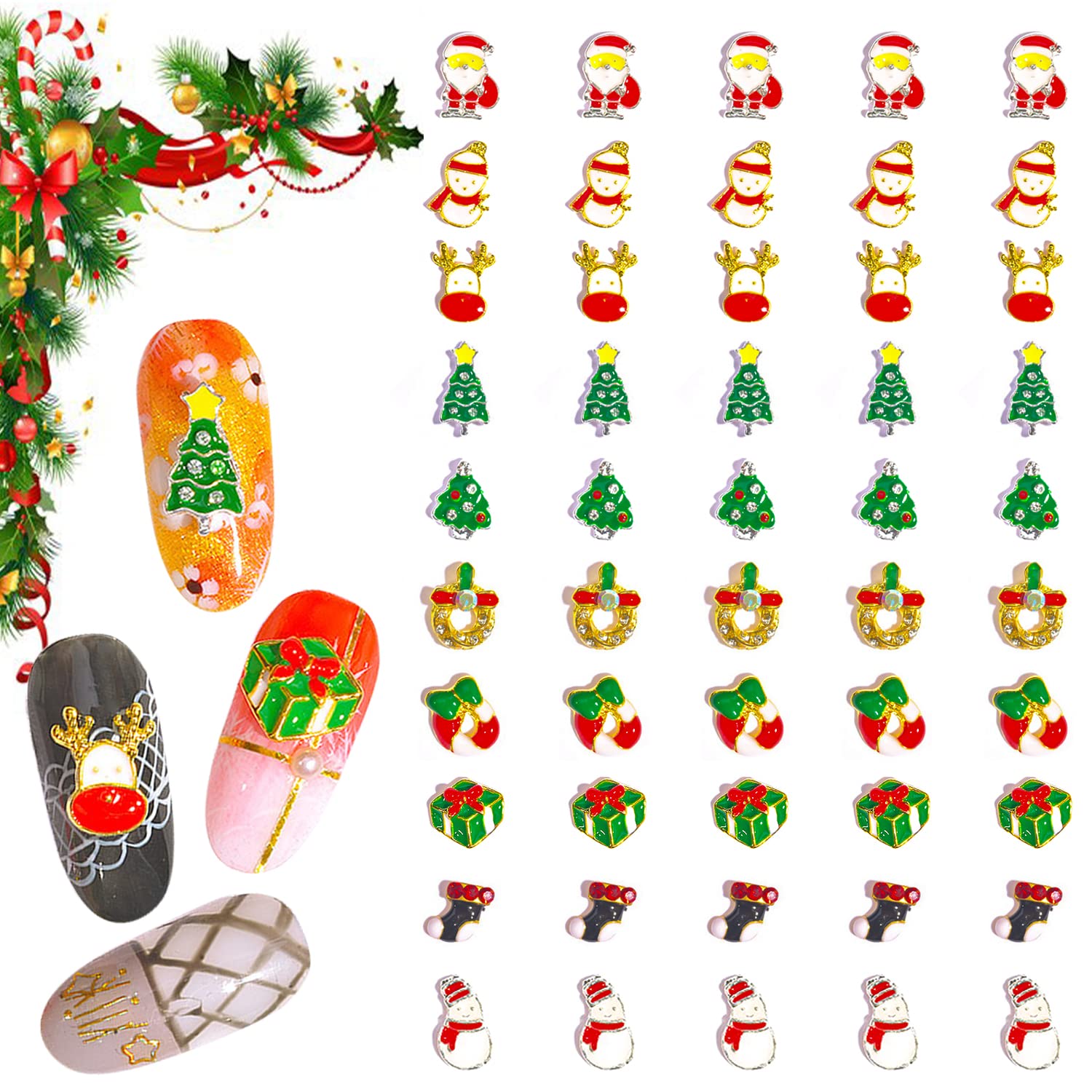 50Pcs Christmas Nail Charms - 3D Snowman & Elk Nail Art Decorations with Rhinestones, Studs & Jewels for Holiday Manicures | Perfect for Christmas Parties, Gift Giving & Winter Nail Designs