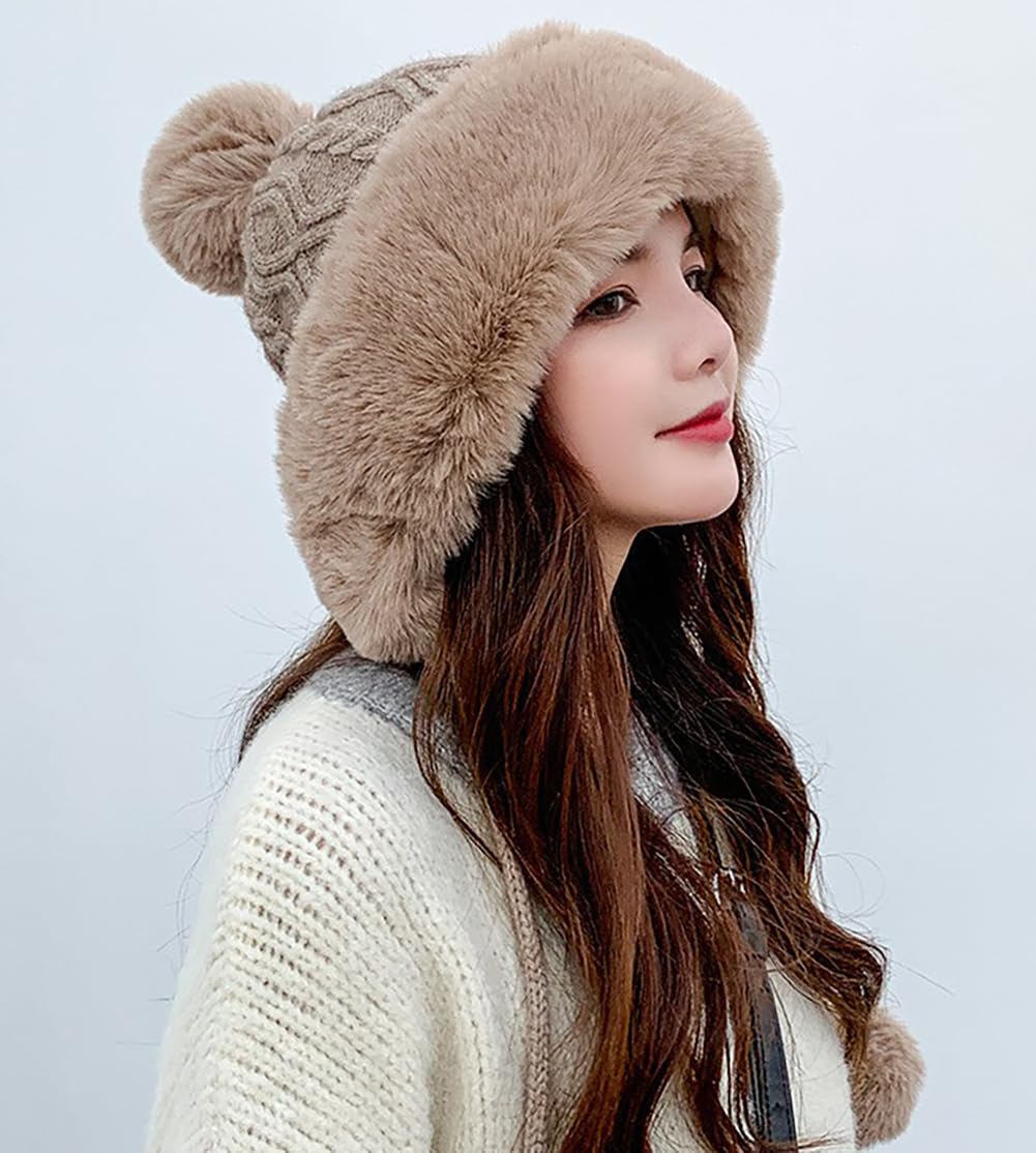 Women's Winter Pompom Beanie - Soft Fluffy Knit Faux Fur Crochet Skull Cap with Ear Warmers for Cold Weather | Cozy Outdoor Winter Hat for Skiing, Snowboarding & Casual Wear