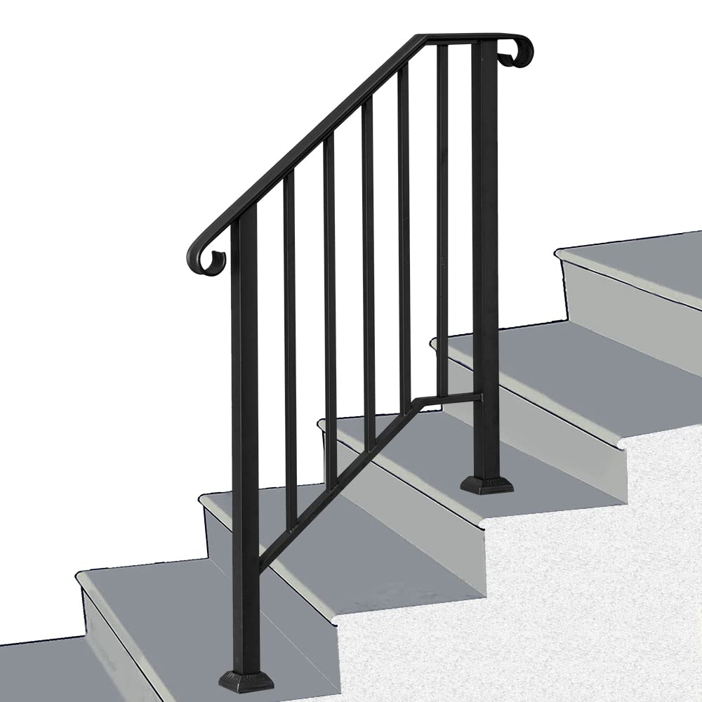 Artisasset Matte Black Outdoor 2-Step Iron Handrail - Sturdy Safety Rail for Porch Steps, Deck Stairs & Entryway (Weather-Resistant Metal Stair Railing)