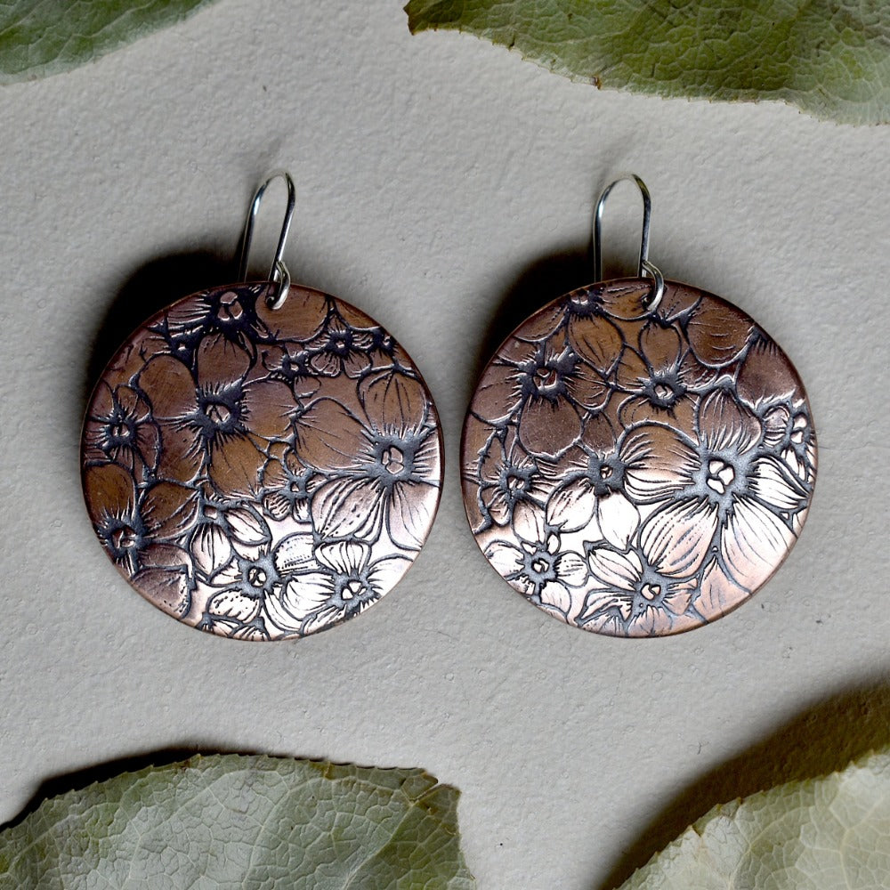 Floral Field Large Copper Disc Drop Earrings for Women - Boho Chic Handmade Jewelry for Parties, Weddings & Everyday Wear