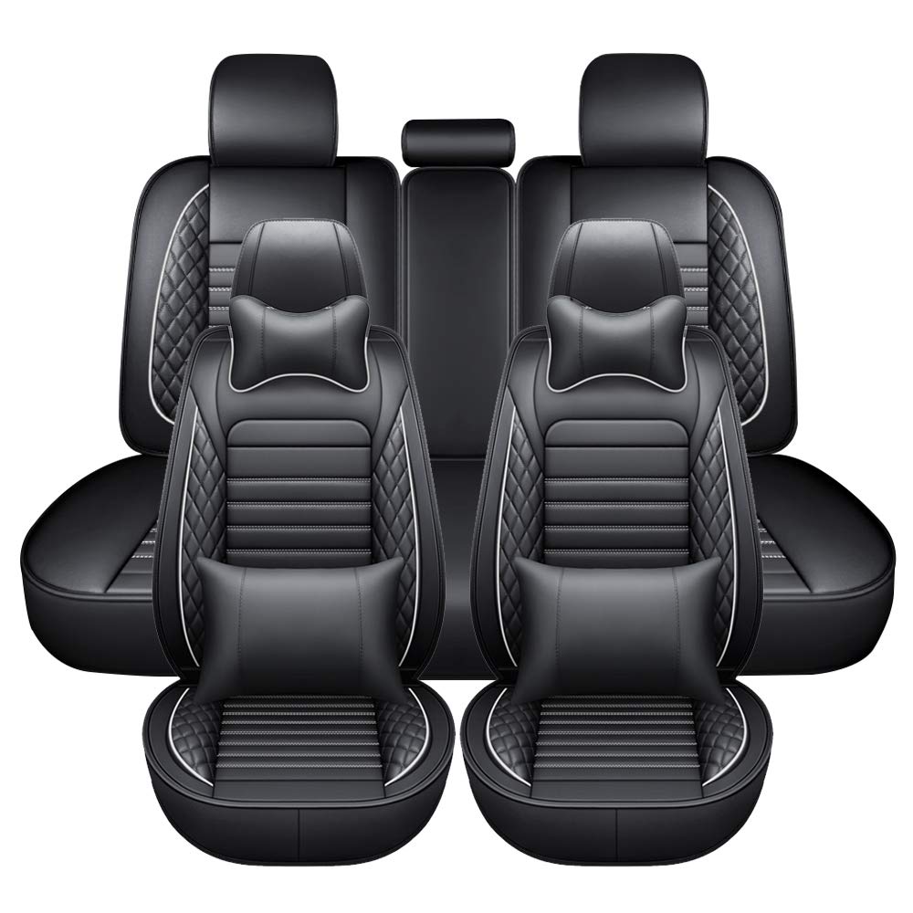 Premium Waterproof Faux Leather Car Seat Covers Full Set - Universal Fit for Sedan, SUV, Truck (5-Piece) | Breathable Leatherette Front & Rear Seat Protectors with Pillows | Black & White | Perfect for Daily Commute, Road Trips & Family Protection