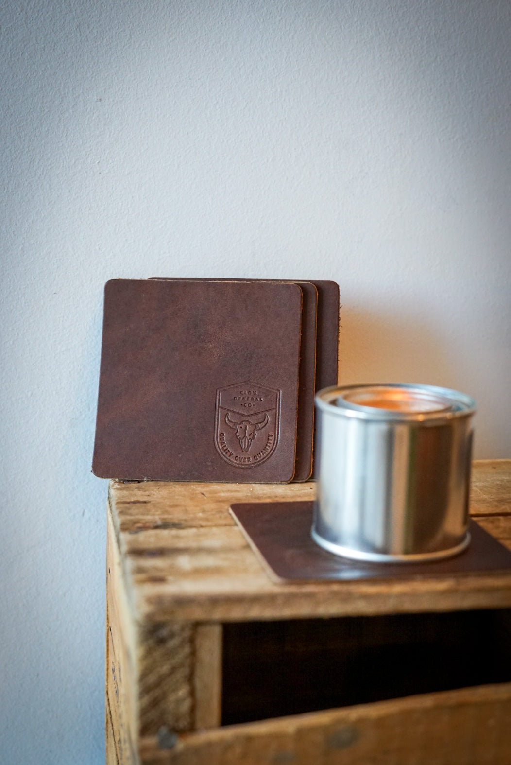 Premium Square Leather Coasters - Dark Amber Harness Bison Hide for Home & Office Use - Protect Furniture in Style