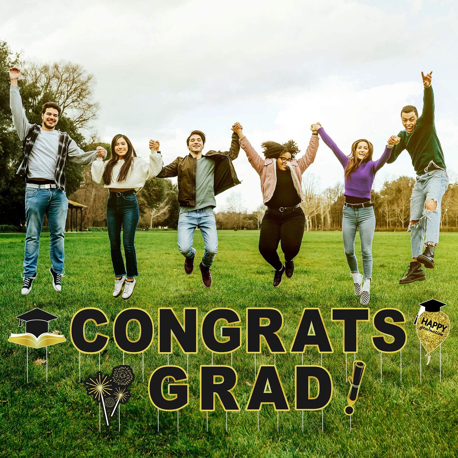 RUODON 2025 Graduation Yard Signs - Waterproof Lawn Decorations with Stakes for Outdoor Graduation Party | Congrats Grad Decor in Black & Gold | Perfect for Backyard Celebrations, School Events & Photo Backdrops