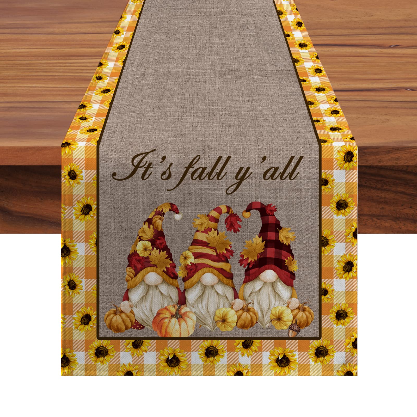 90 Inch Fall Gnome Table Runner - Yellow Buffalo Plaid with Sunflower Design for Kitchen & Dining Table Decor | Perfect for Thanksgiving, Harvest Parties, Weddings & Indoor/Outdoor Holiday Celebrations