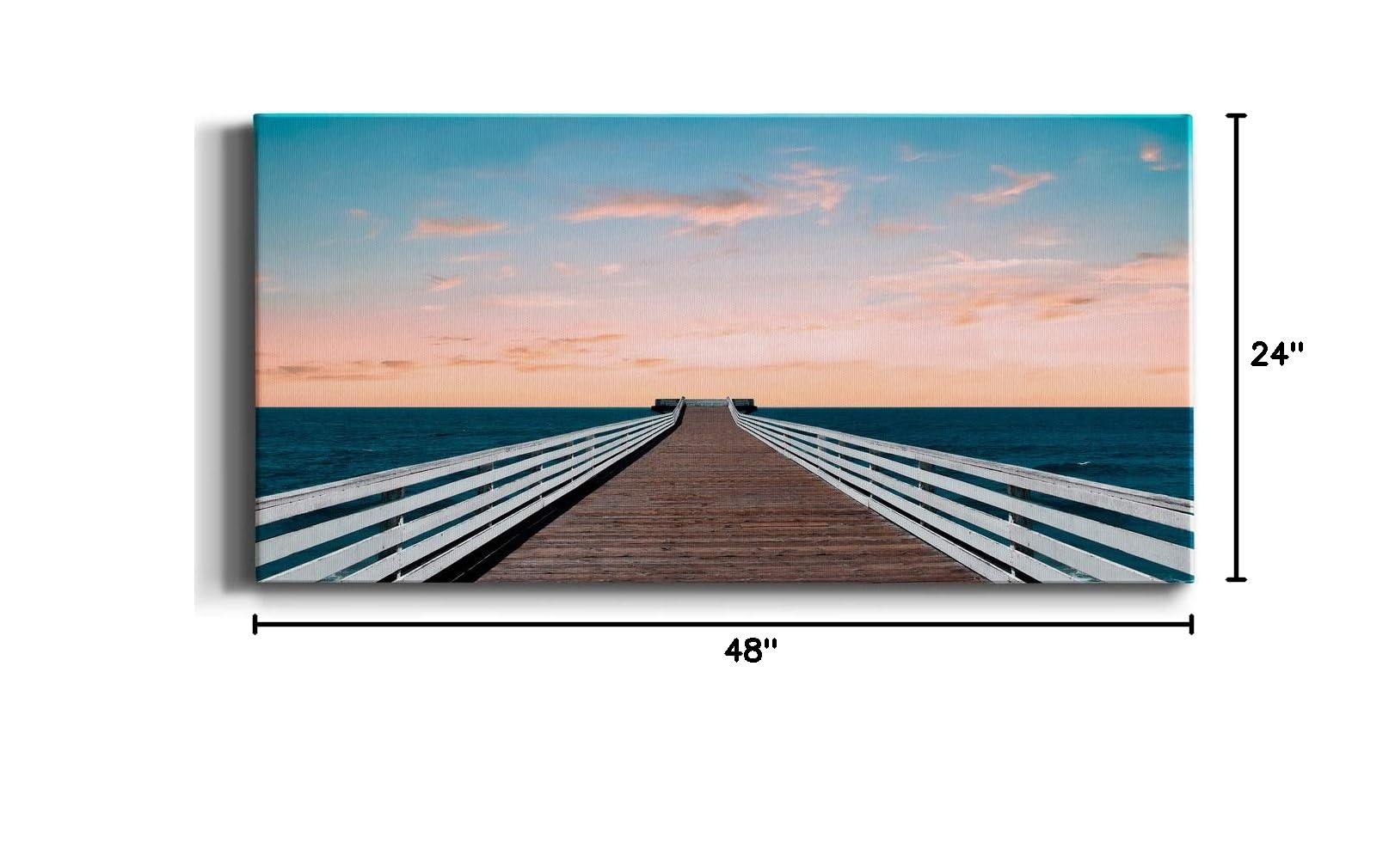 Modern Ocean Pier Canvas Wall Art - Blue Beach Landscape Print for Living Room, Bedroom, Bathroom & Office Decor - Ready to Hang 24x48 Inches - Perfect for Coastal, Nautical & Seaside Home Styling
